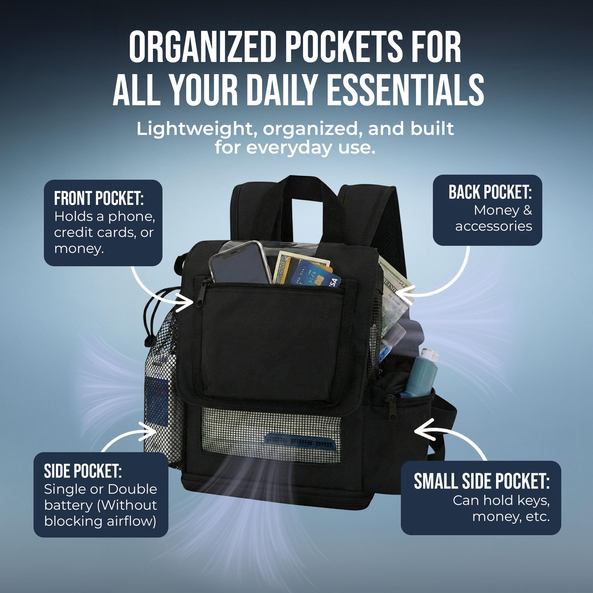 O2TOTES sac à dos sangles réglables et dos aéré pour le confort