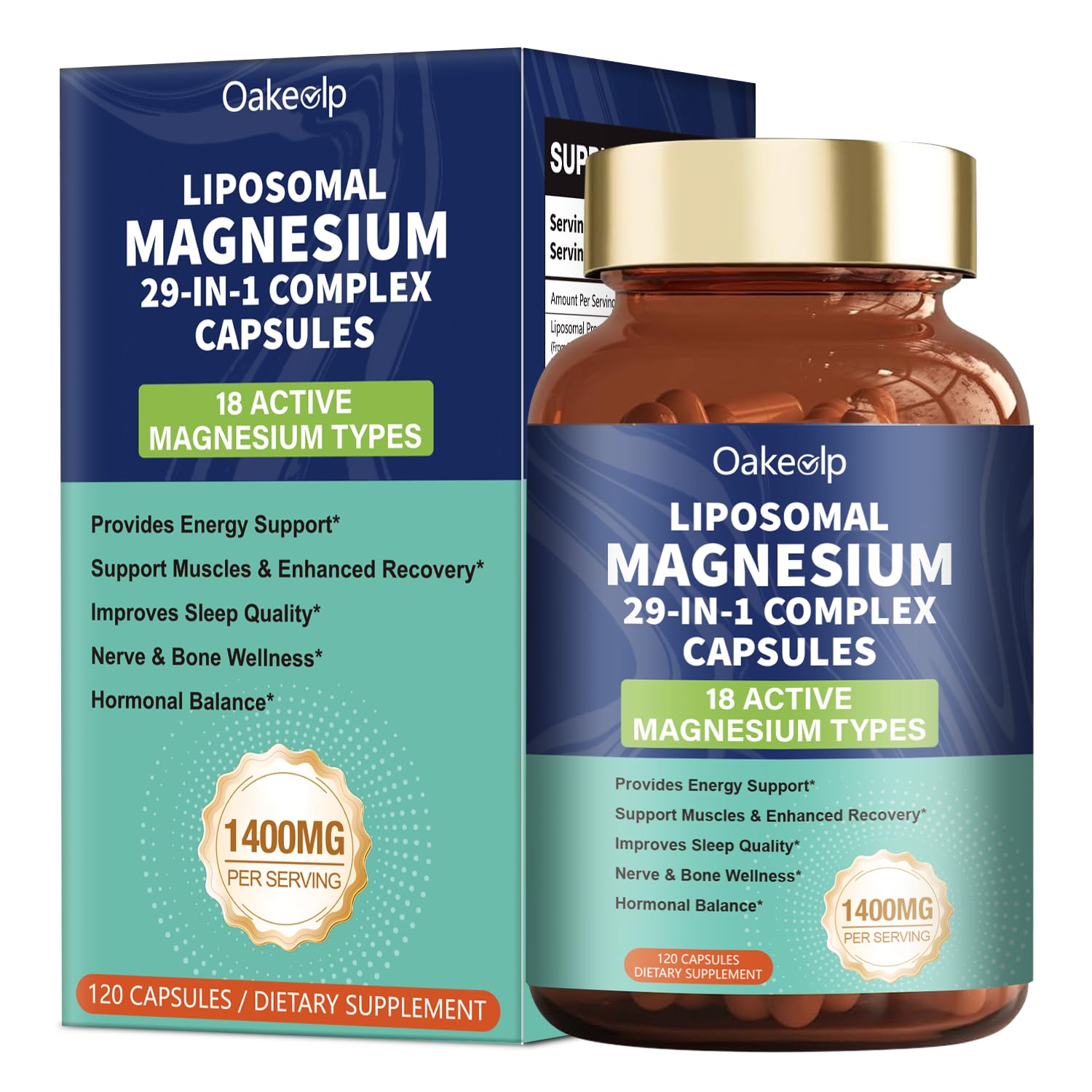 Oakevlp bouteille montrant le complexe magnésium 29 en 1 favorisant énergie et relaxation.