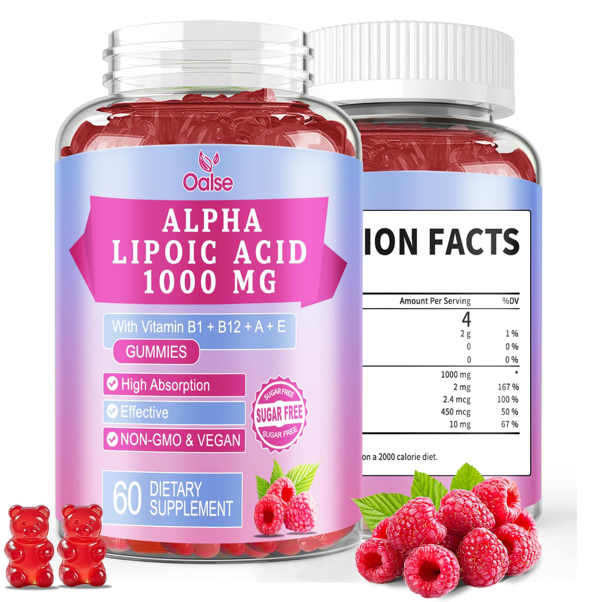 Gommes OALSE alpha-lipoïque, flacon, soutien potentiel énergie et bien-être quotidien.