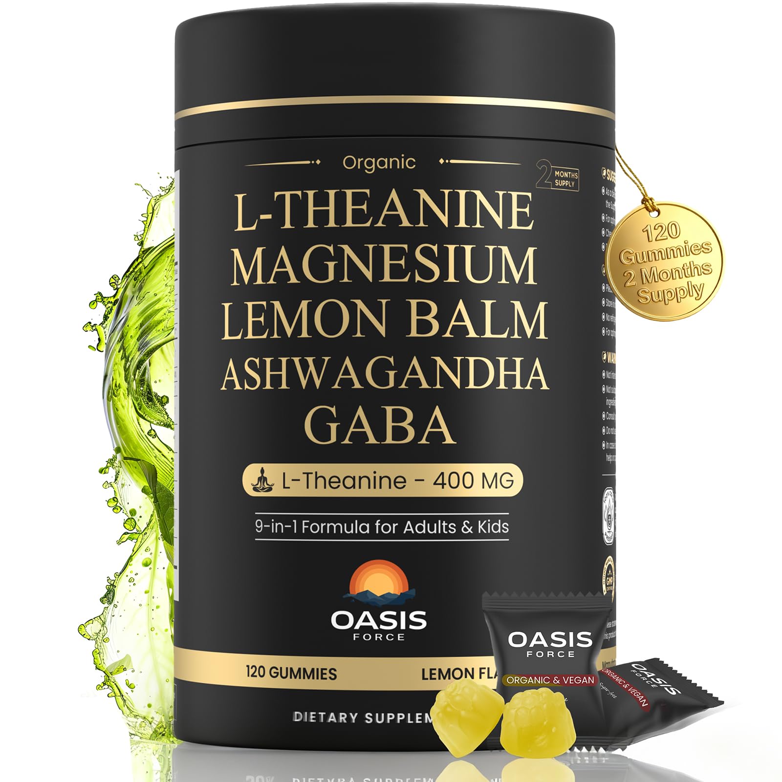Oasis Force L-Theanine Gummies – bouteille et bouchées, soutien au calme quotidien.