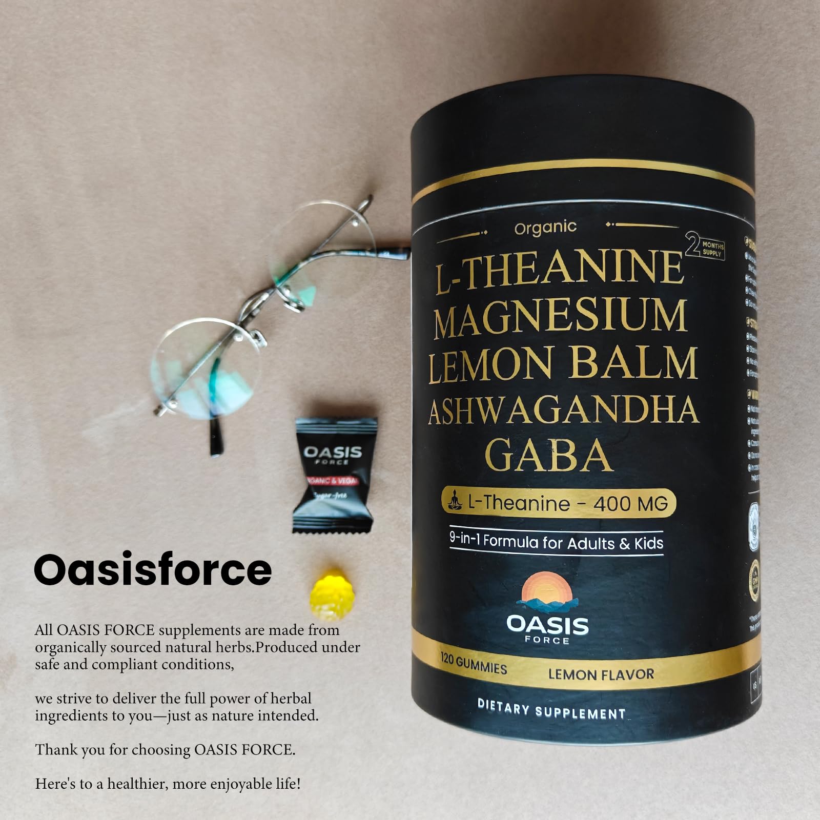 Oasis Force L-Theanine Gummies – flacon pratique et sans adhérence, pour une utilisation quotidienne.