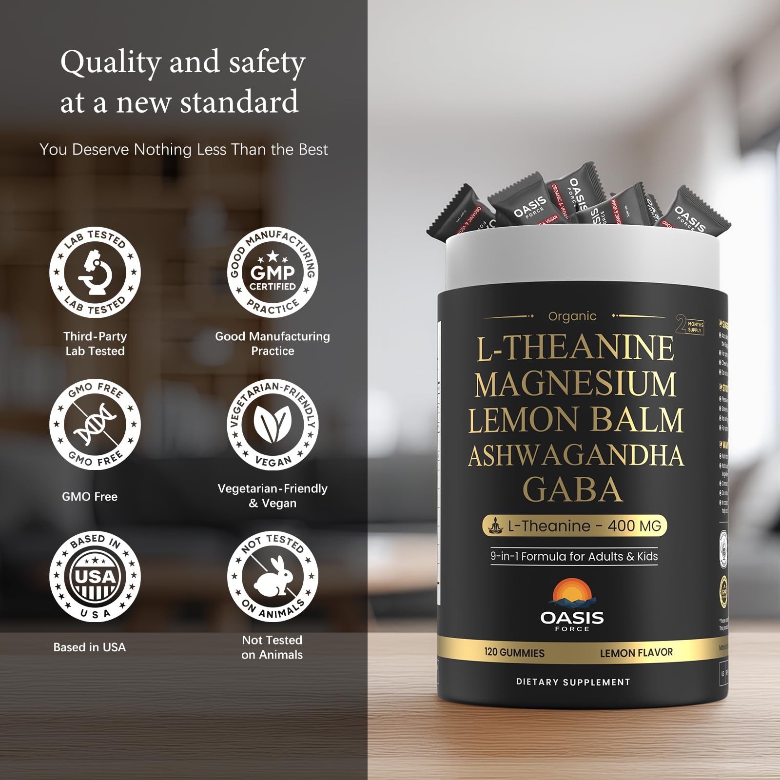 Oasis Force L-Theanine Gummies – sans édulcorants artificiels et sans sucre ajouté.