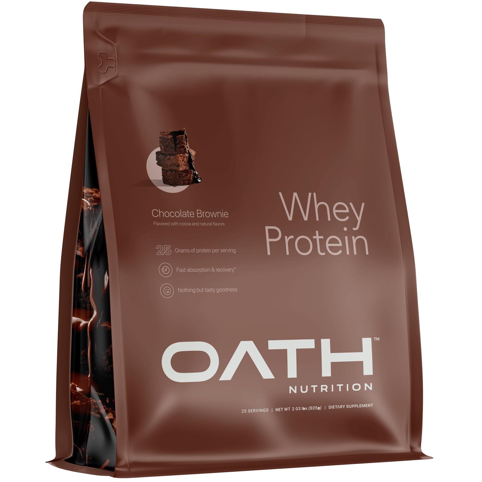 Oath Nutrition Whey Protein poudre chocolat brownie, goût riche, apport protéique après l'effort.