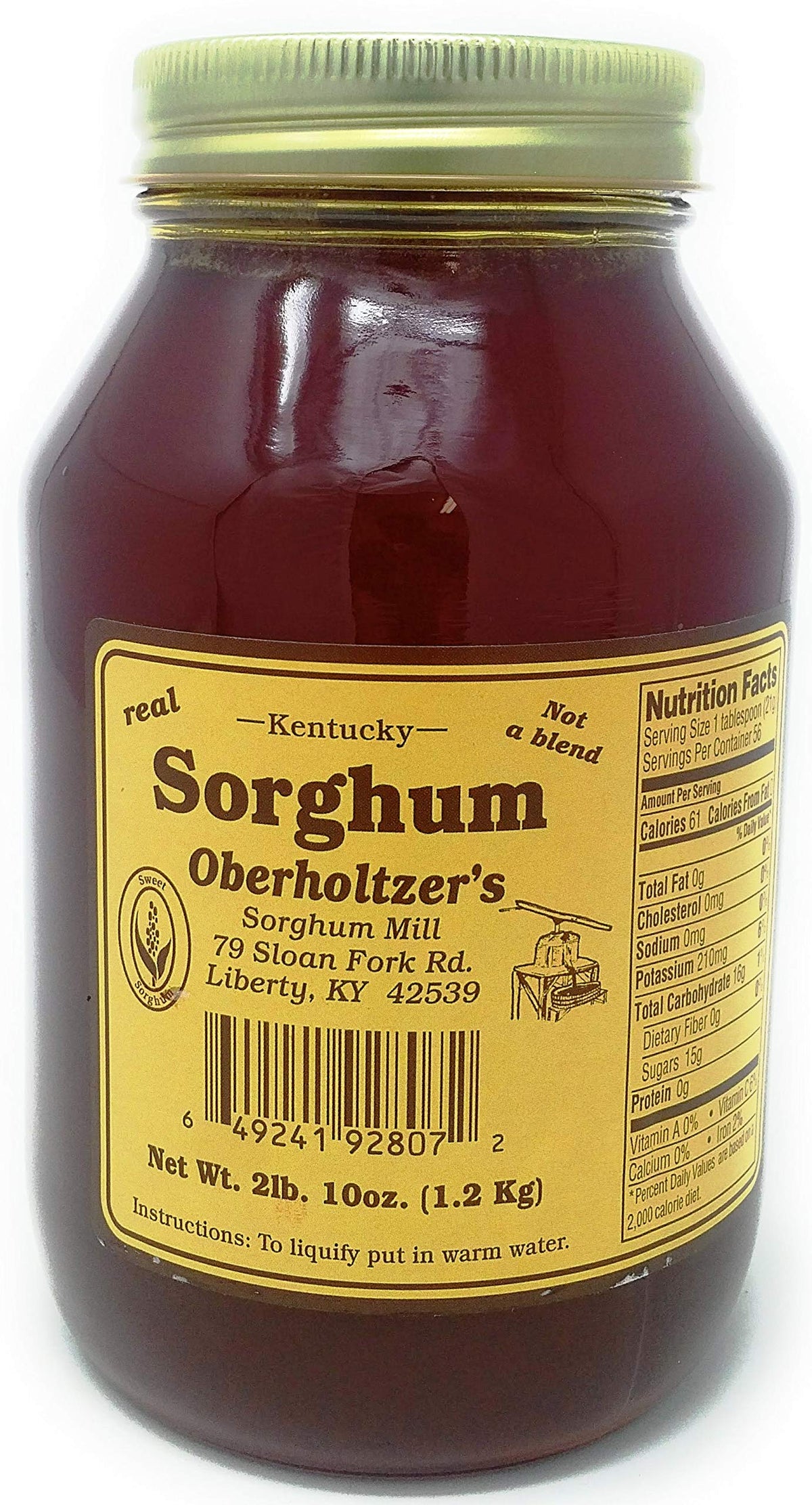 Flacon de sorgho Kentucky Oberholtzer's — saveur naturelle idéale pour tartines et desserts.