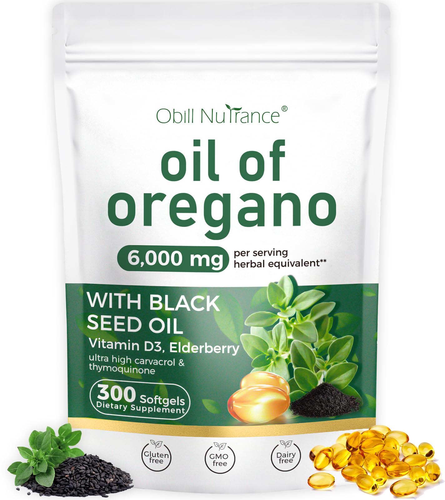 Obill NuTrance huile d'origan flacon : soutien quotidien potentiel grâce à une formule 4-en-1.