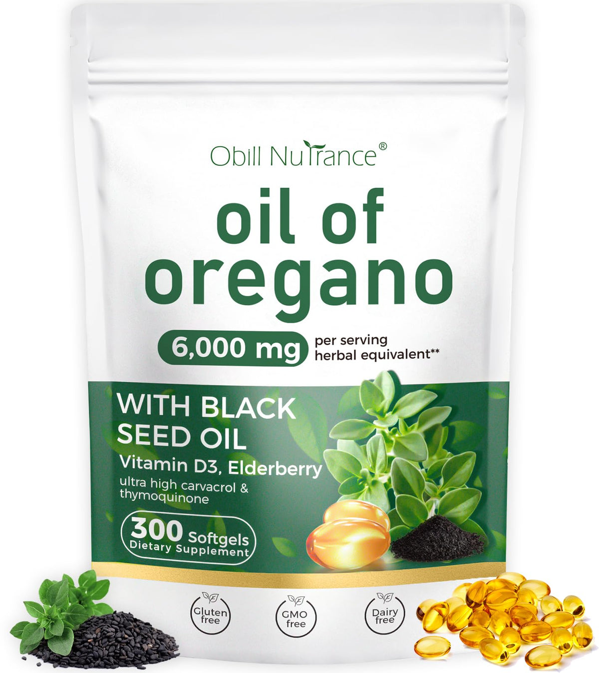 Obill NuTrance huile d'origan flacon : soutien quotidien potentiel grâce à une formule 4-en-1.