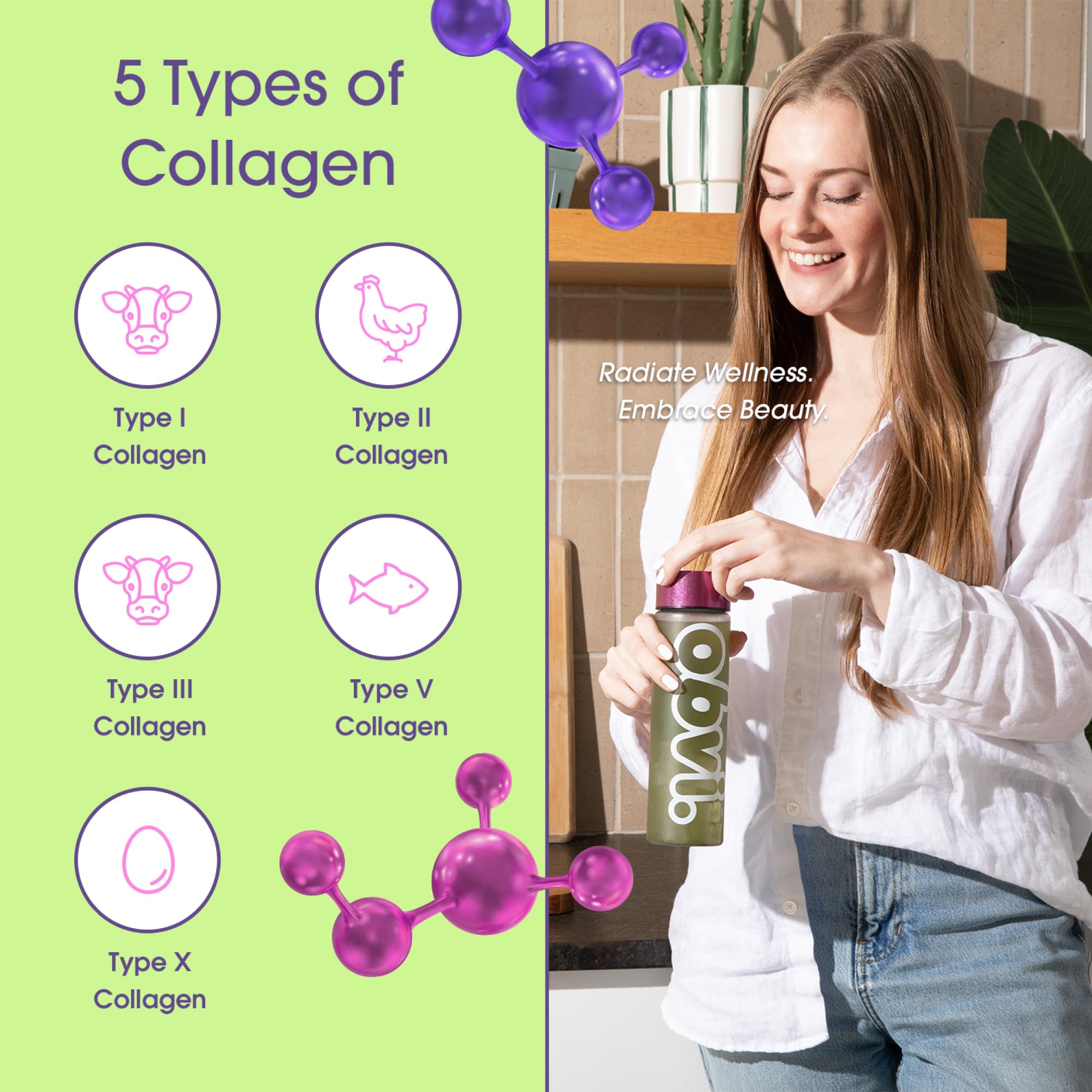 Étiquette Obvi Collagen Greens montrant ingrédients bio et sans sucre.