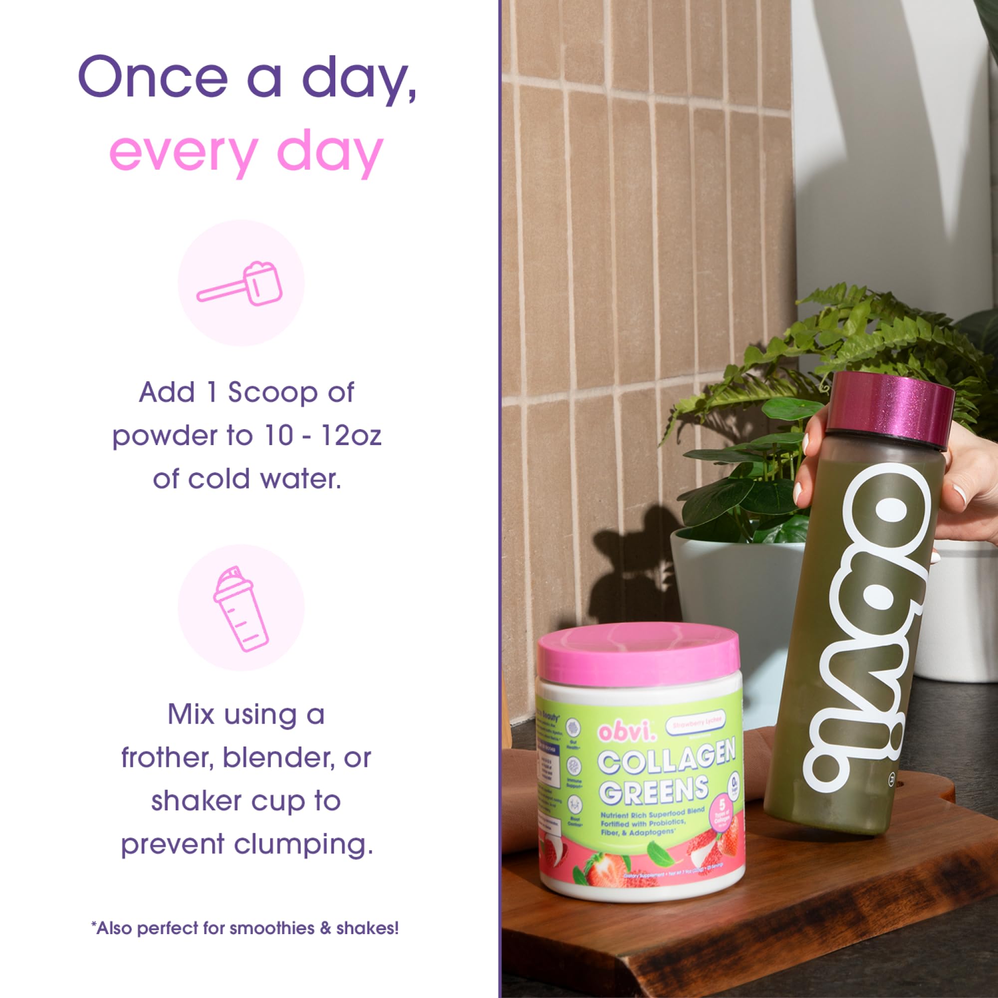Feuilles et fibres greens biologiques dans Obvi Collagen Greens pour soutenir la digestion.