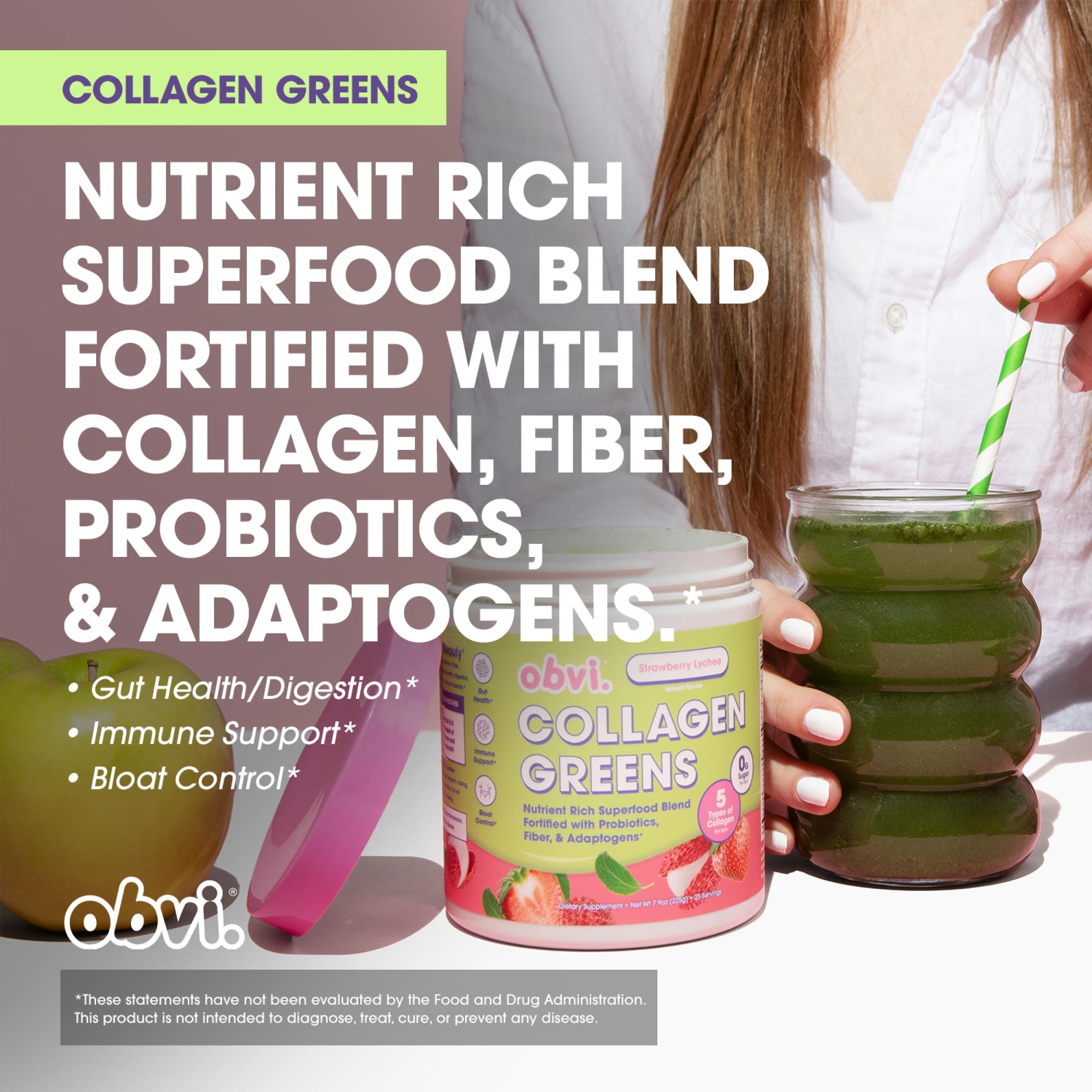 Smoothie vert avec Obvi Collagen Greens, énergie quotidienne.