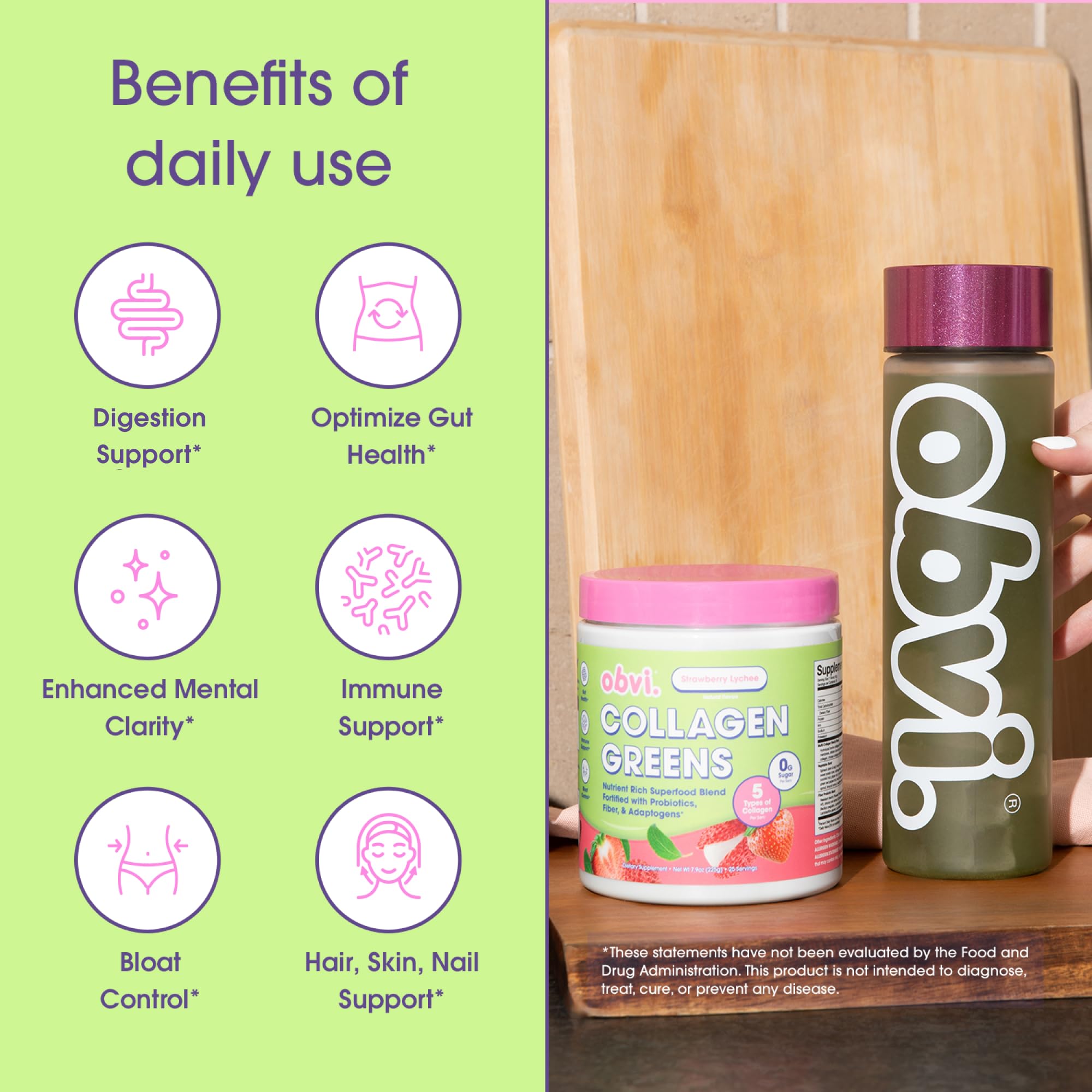 Verre d'eau avec Obvi Collagen Greens, goût Fraise-Litchi agréable pour démarrer.