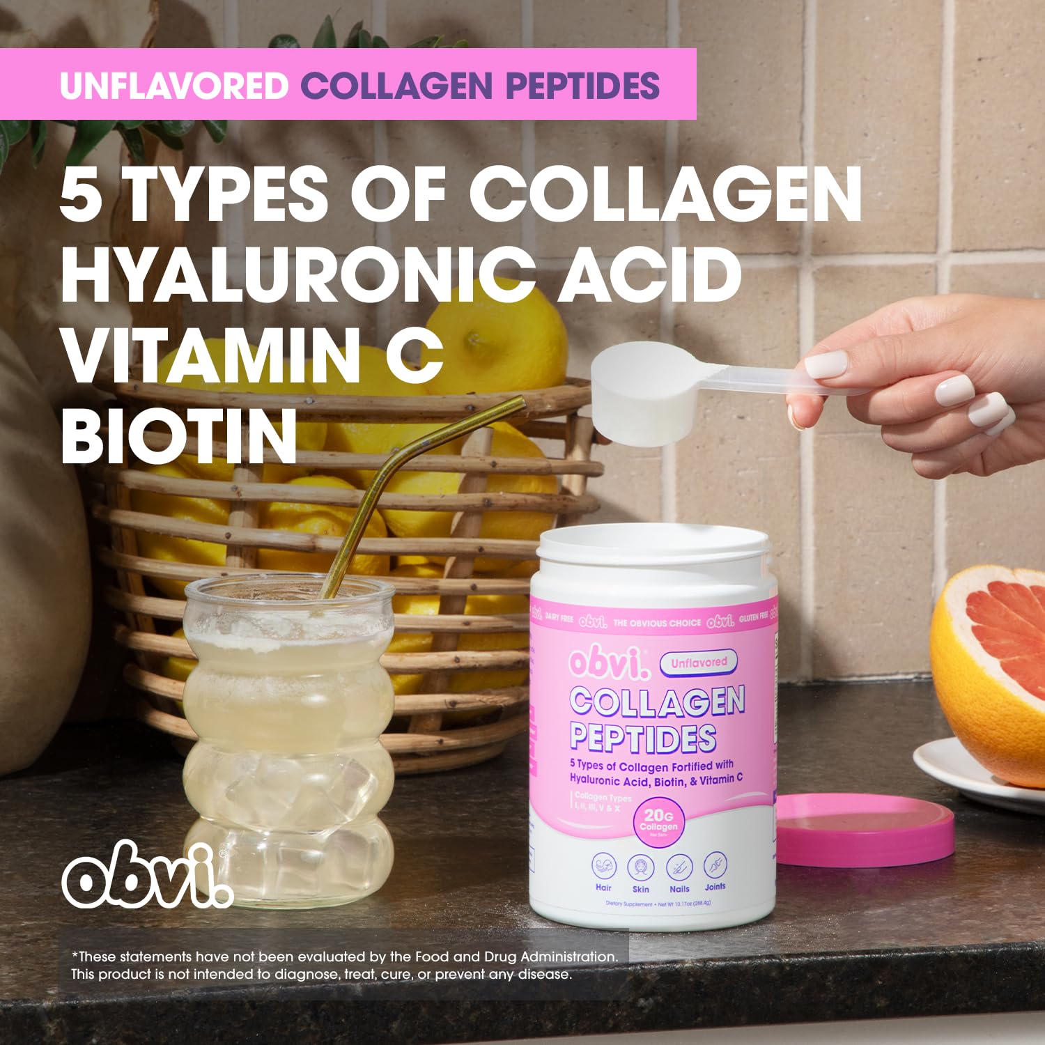 Obvi Collagen Peptides bocal naturel: emballage pratique pour dosages faciles.