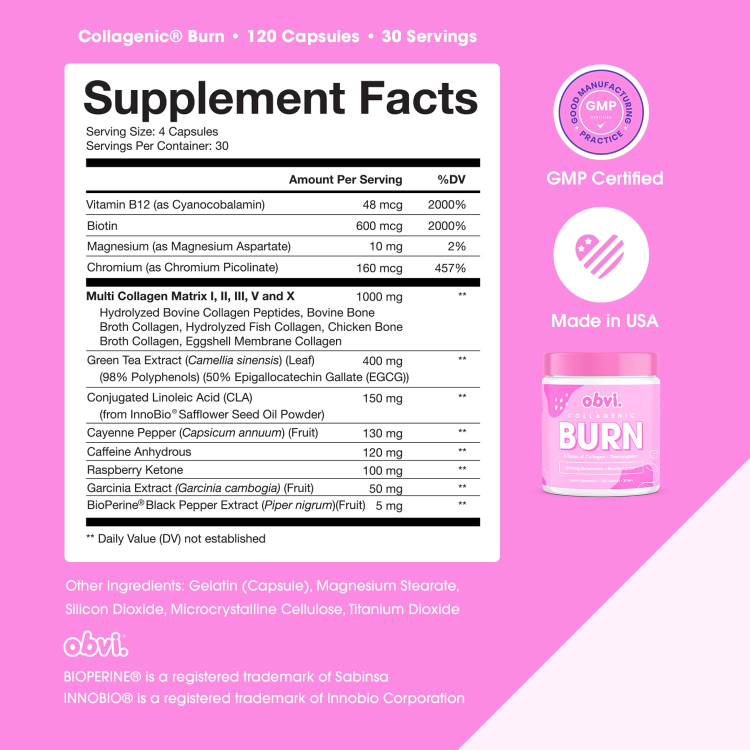 Obvi Collagenic Burn : emballage certifié CGMP et tests indépendants