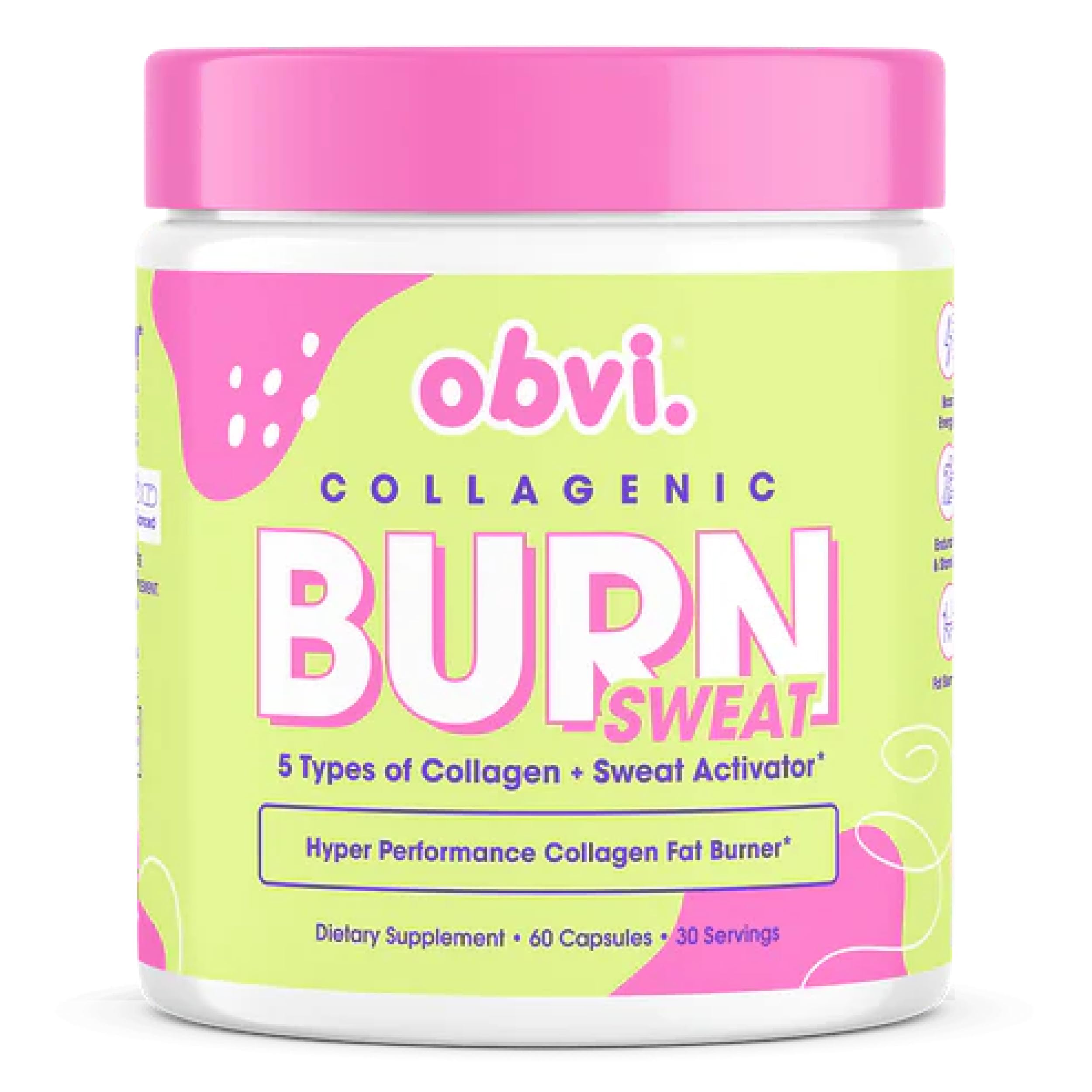 Obvi Collagenic Burn Sweat sur l'étiquette de la bouteille, formulation thermogénique prête pour l'entraînement.