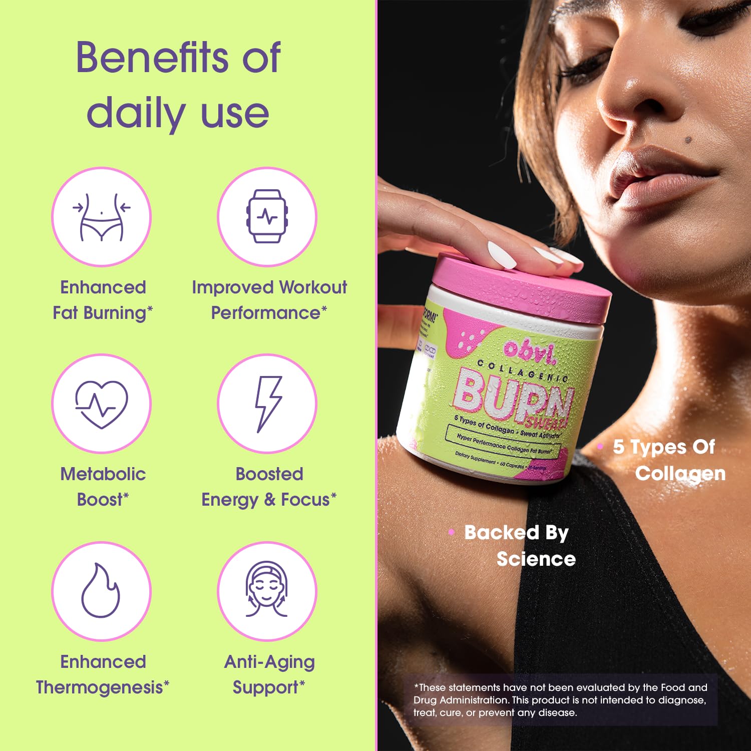 Obvi Collagenic Burn Sweat, capsules prêtes à soutenir l'énergie durable.