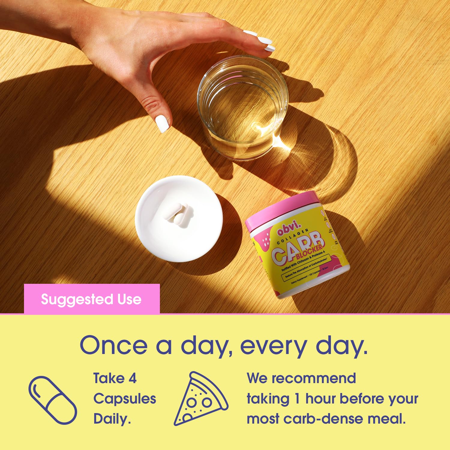 Utilisation quotidienne Obvi Guilt-Free Carb Blocker : routine simple pour mode de vie actif.