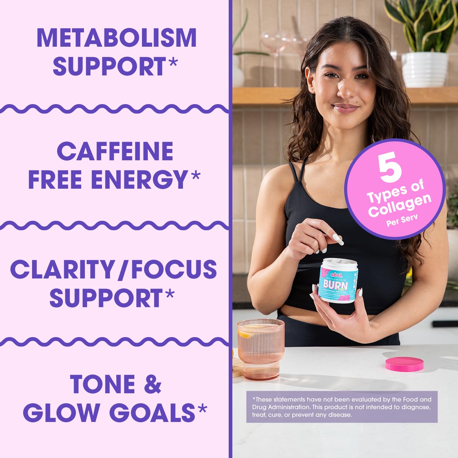 Obvi Multi Collagen Burn Fast — emballage et étiquette sans gluten et keto-friendly.