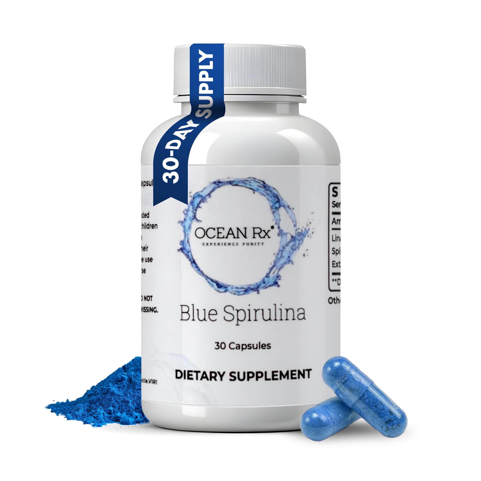 Ocean Rx Spiruline bleue en bouteille, 30 portions, pure et pratique.