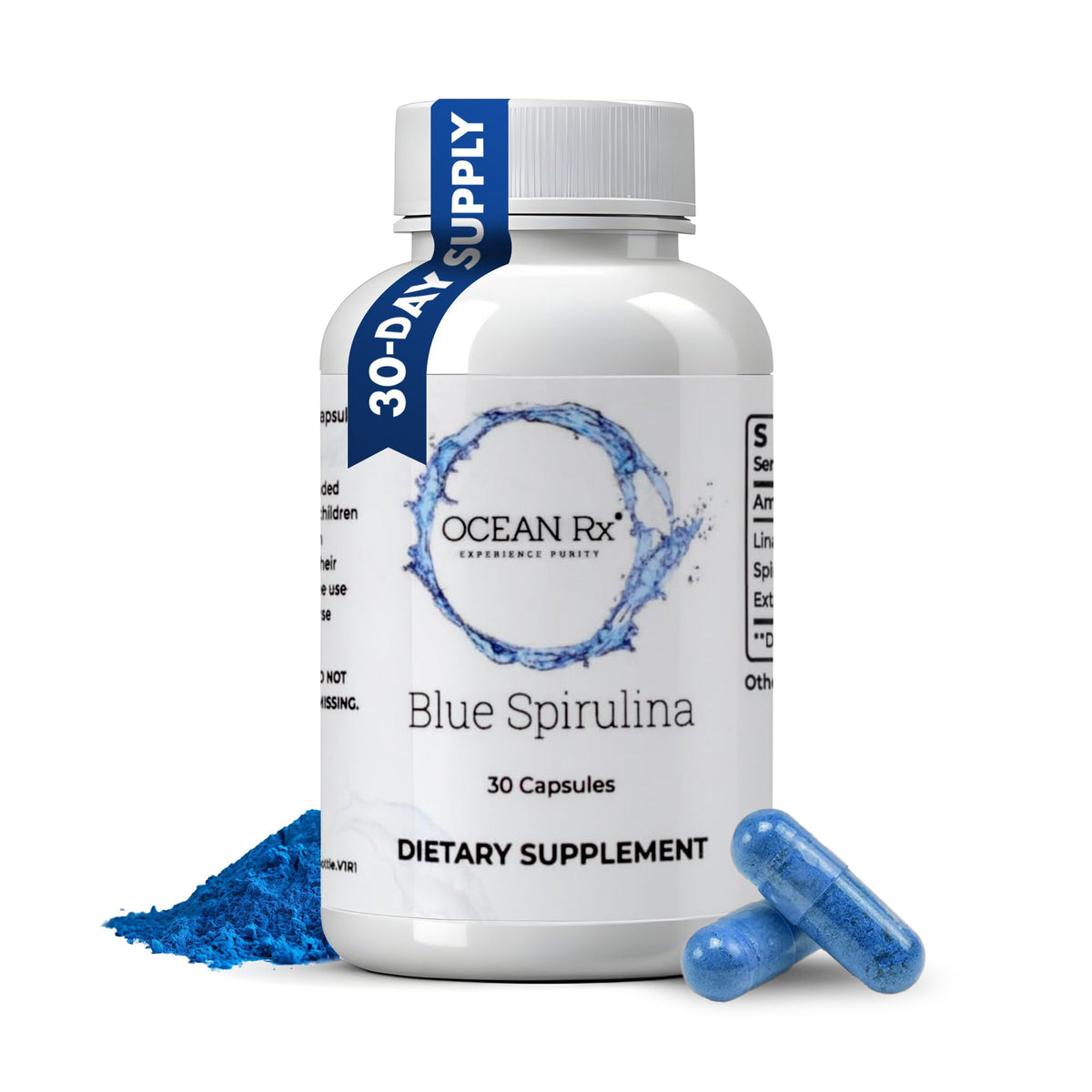 Ocean Rx Spiruline bleue en bouteille, 30 portions, pure et pratique.