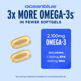 Étiquette Oceanblue Omega-3 2100mg indiquant poisson sauvage et contrôle qualité