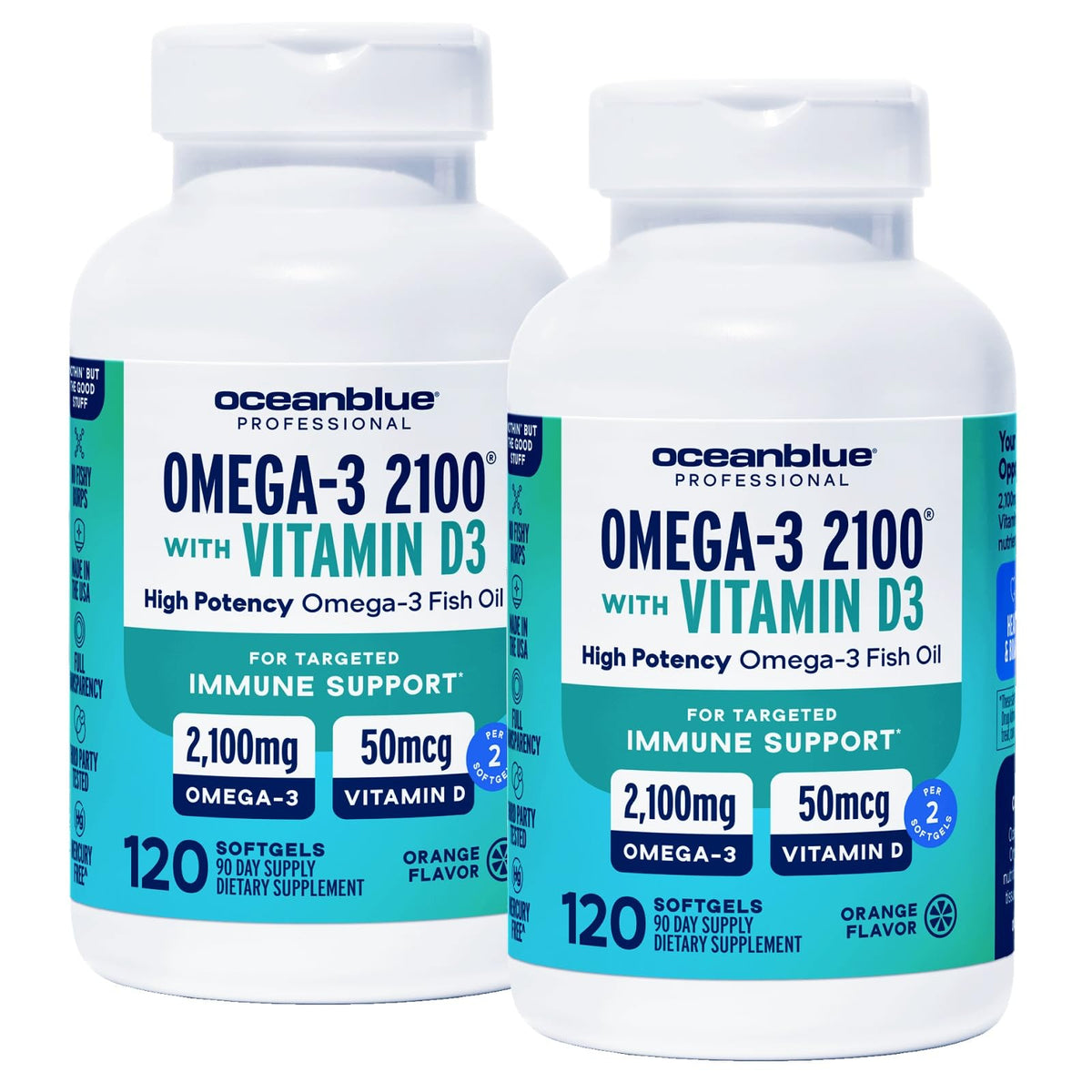 Oceanblue Omega-3 2100 bouteille ouverte, soutien general et D3