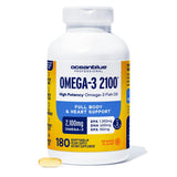 Oceanblue Omega-3: bouteille et versement pour une routine bien-être.