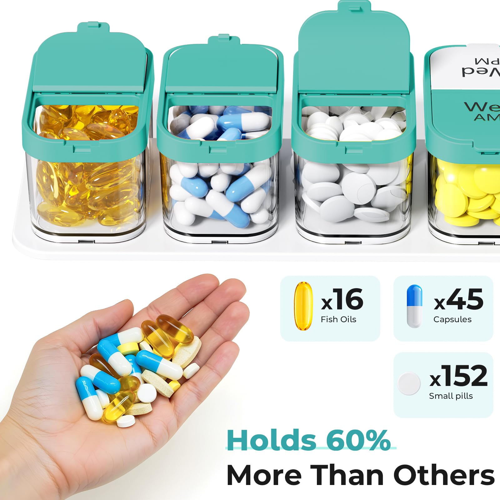 Odaro capacite-pilules-semaine: peut contenir 16 pilules, 45 capsules ou 152 comprimés.