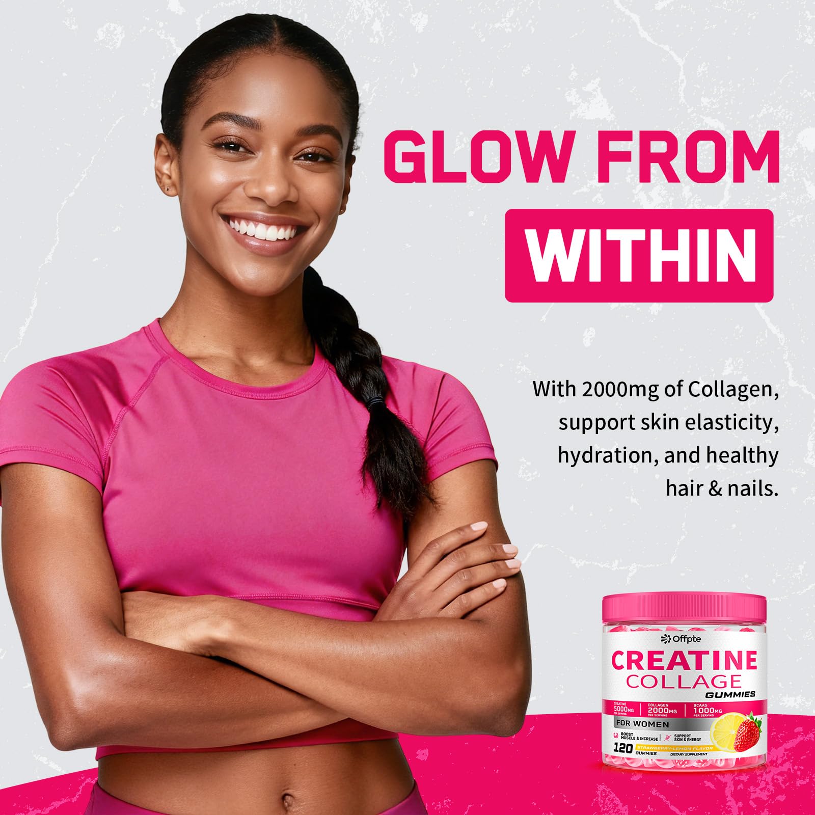 OFFPTE Créatine pour femmes gommes collagène et BCAA, soutien peau et muscles