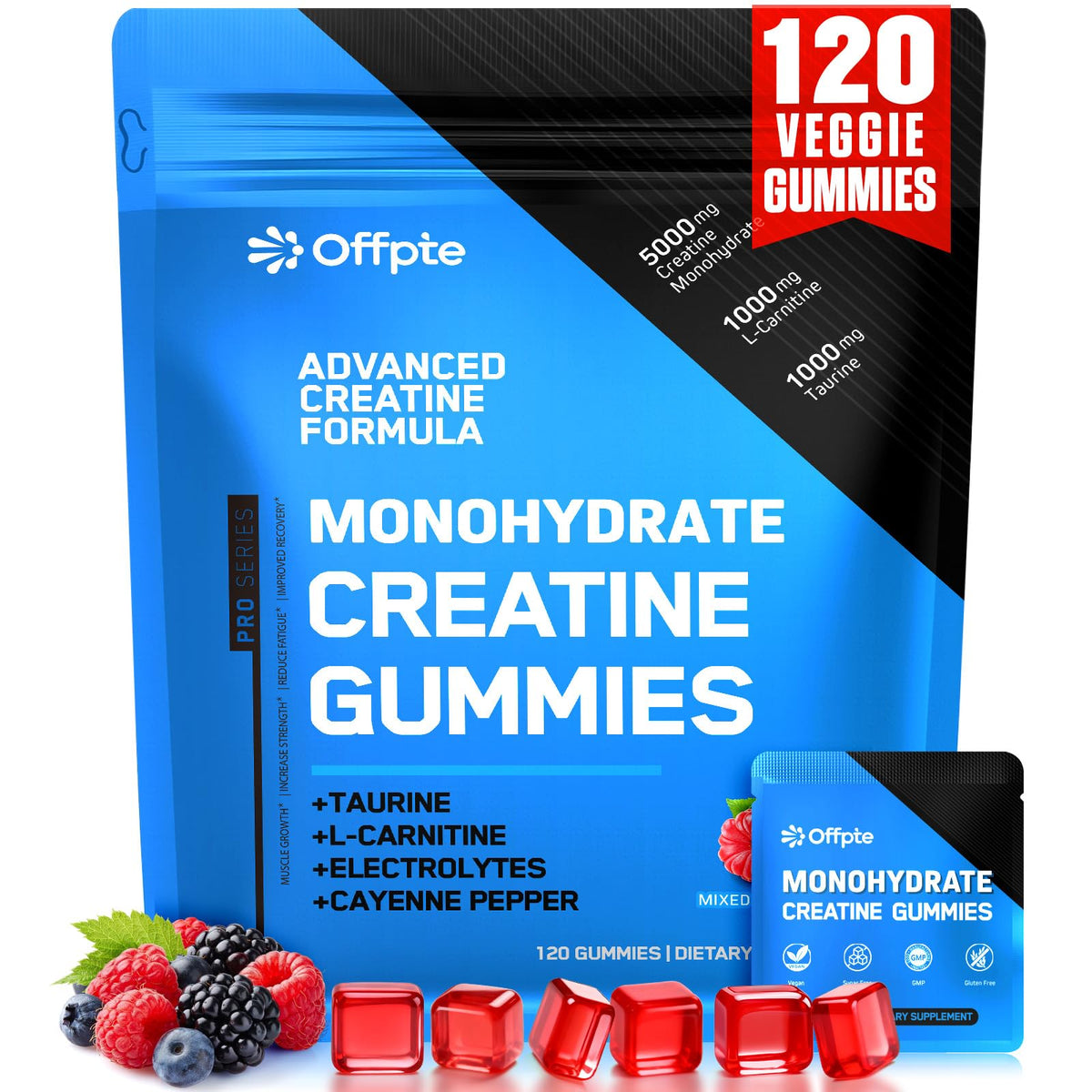 OFFPTE Creatine Monohydrate gommes dans une bouteille bleue, énergie et focus possibles
