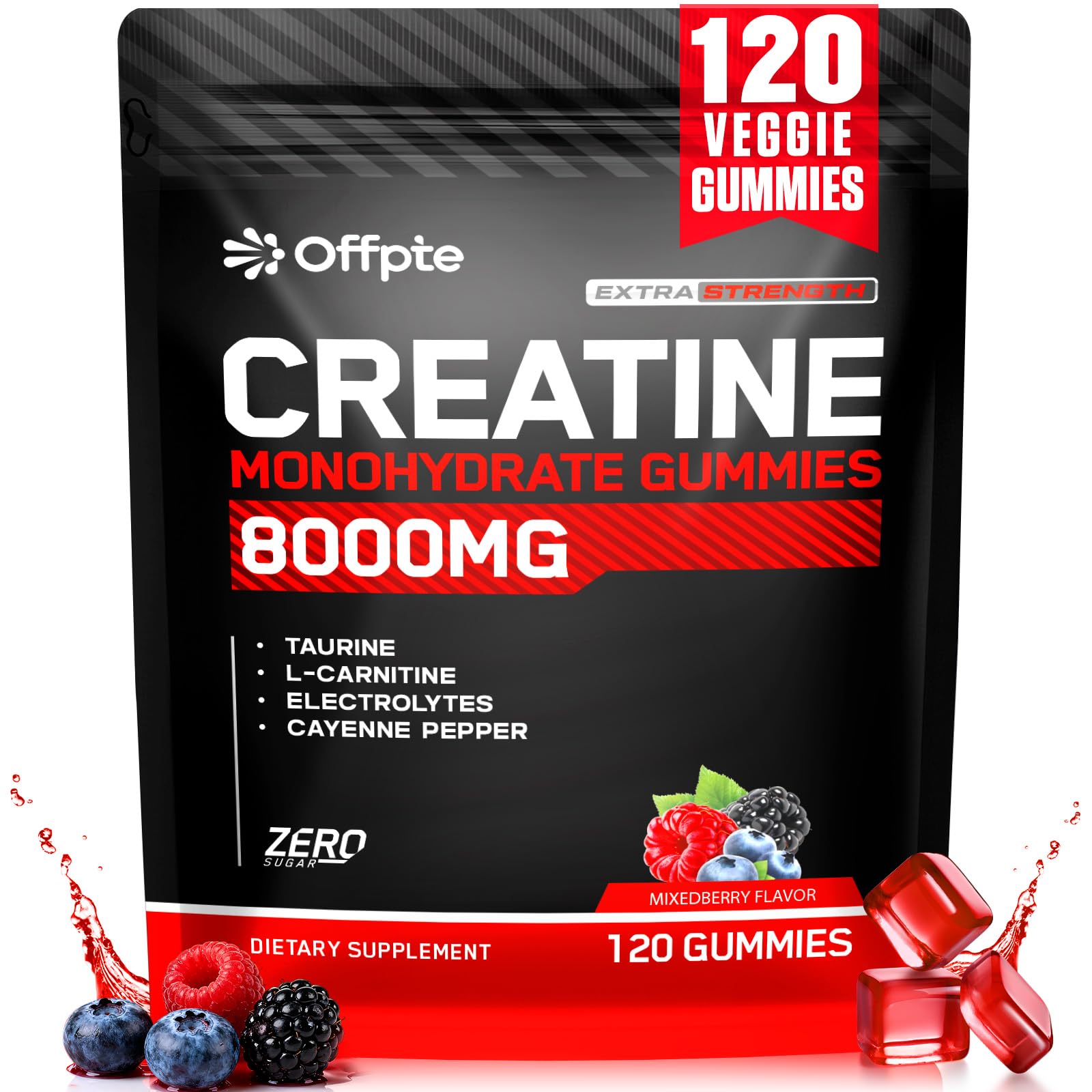 OFFPTE Créatine Monohydrate Gummies, emballage principal, pratique pour le voyage.