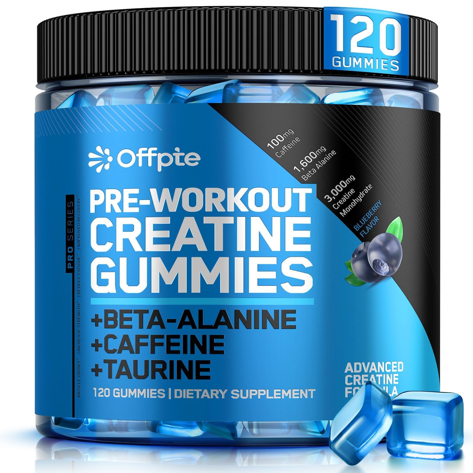 Gommes OFFPTE pré-entraînement goût myrtille pour énergie et concentration.