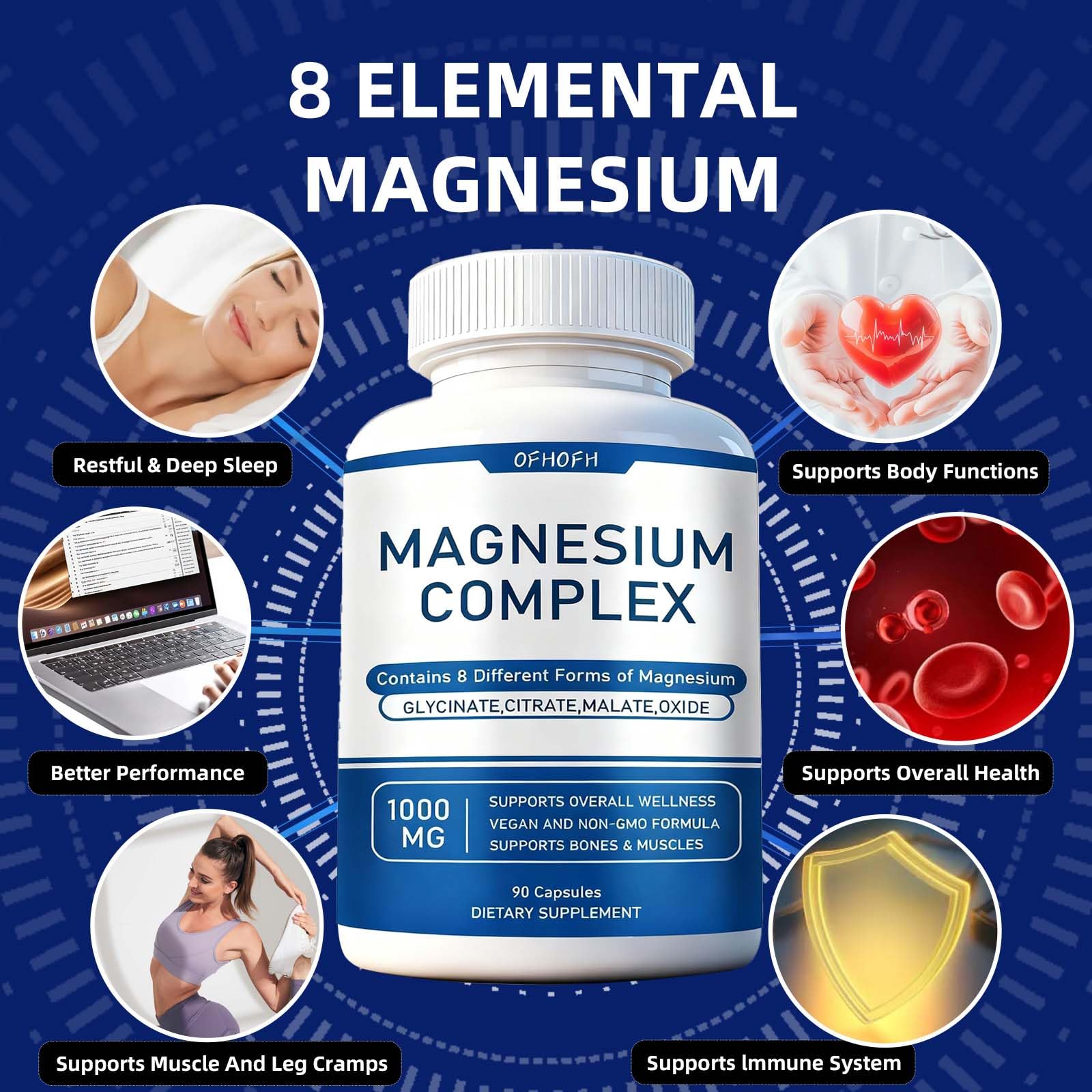 OFHOFH Magnésium, formule pure sans gluten et sans GMO, mode de vie sain.