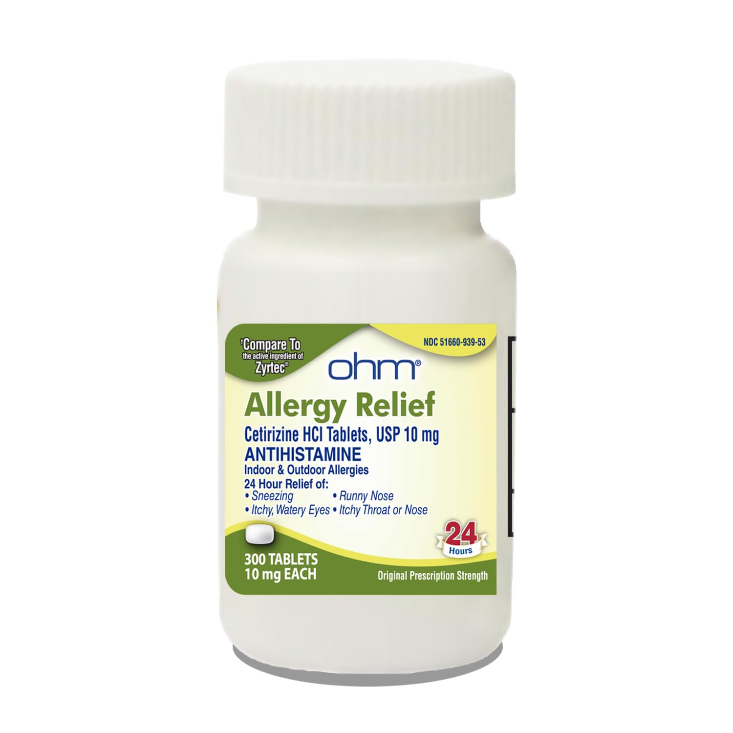 Ohm Cetirizine 10 mg – boîte 300 comprimés pour un soulagement allergique durable.