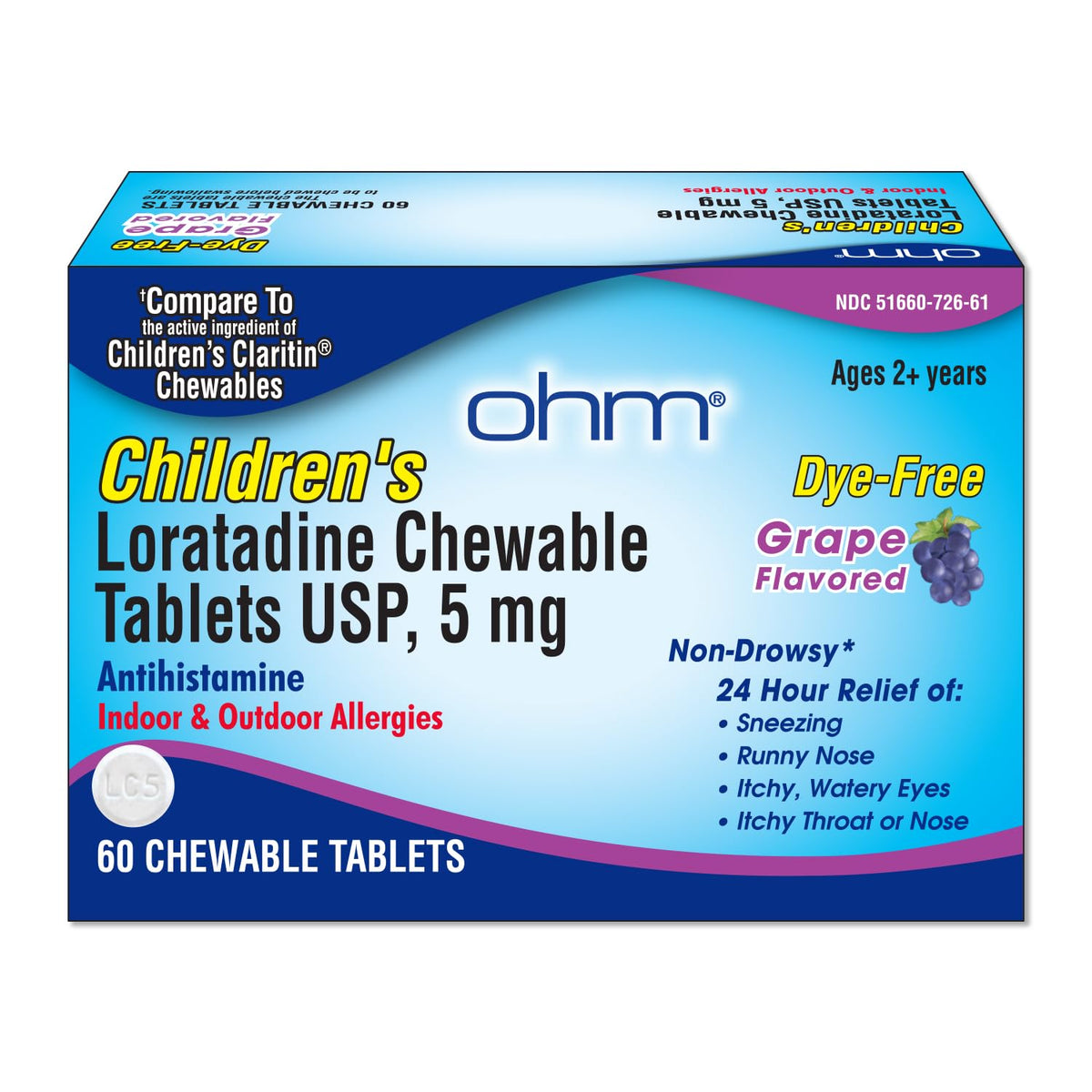 Ohm Enfants Loratadine 5 mg – tablettes mâchables goût raisin, soulagement sans somnolence
