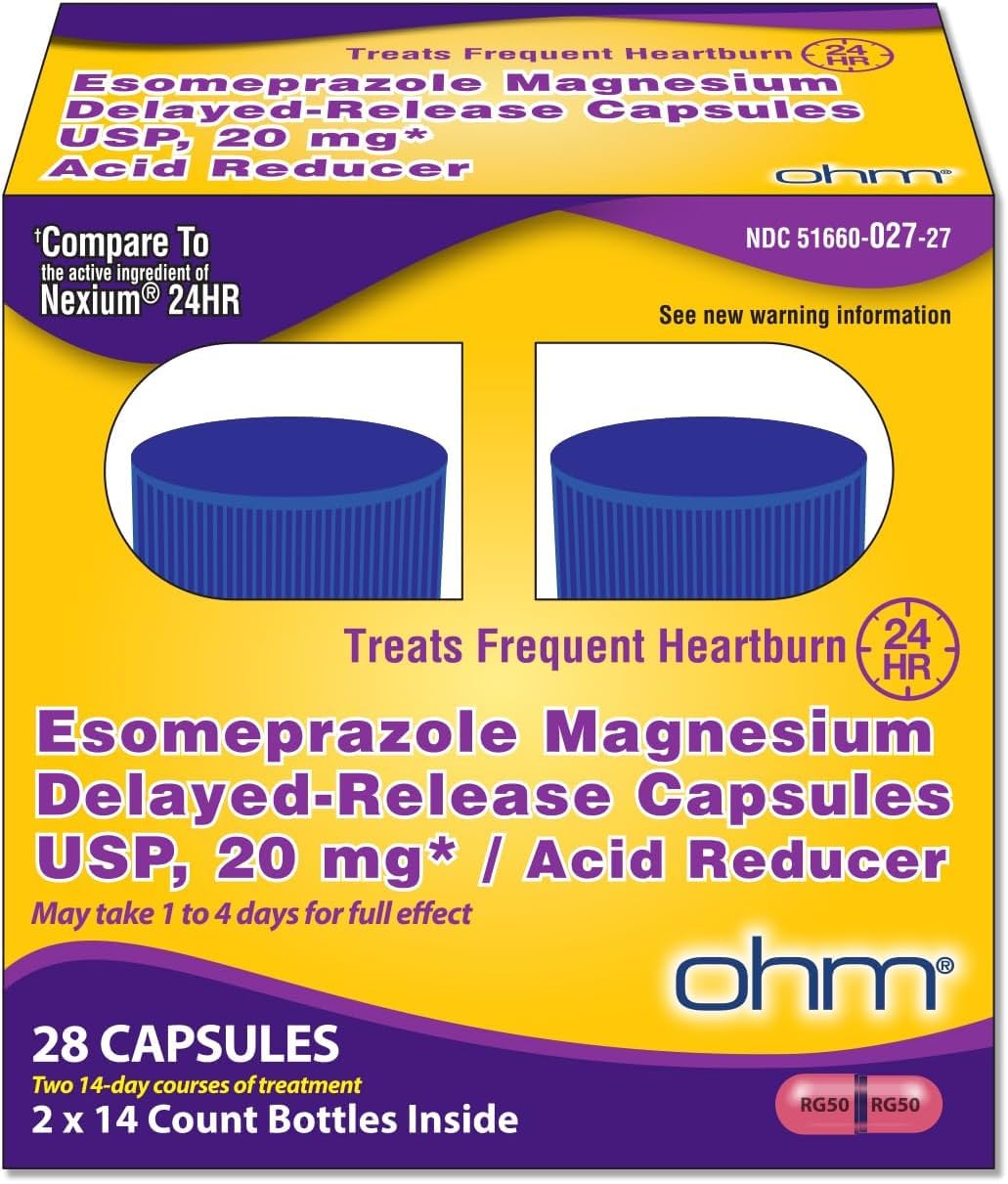 Ohm Esomeprazole 20 mg, capsule à libération retardée réduisant l'acidité gastrique.