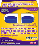Ohm Esomeprazole 20 mg, capsule à libération retardée réduisant l'acidité gastrique.