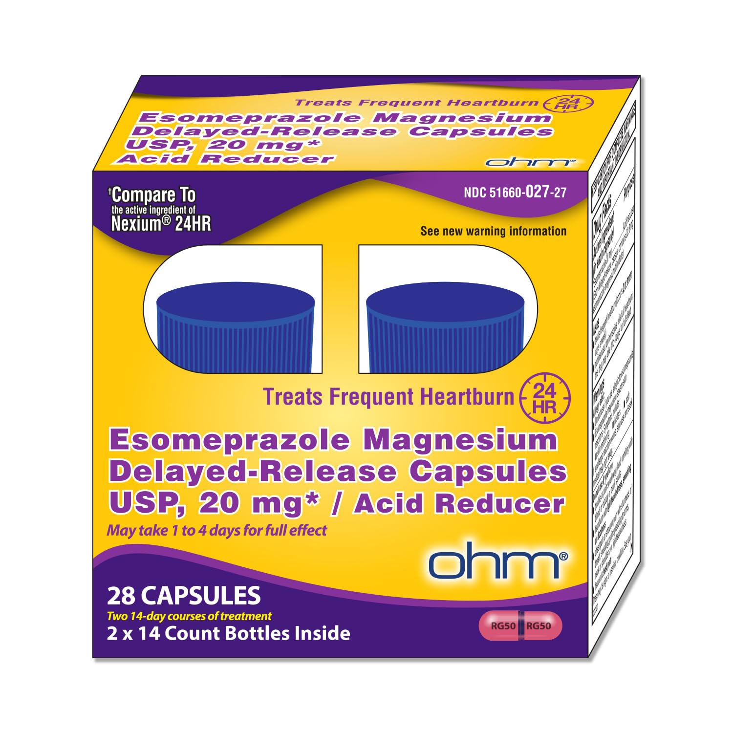 Ohm Esomeprazole, capsule offrant un soulagement de 24 heures pour les brûlures.