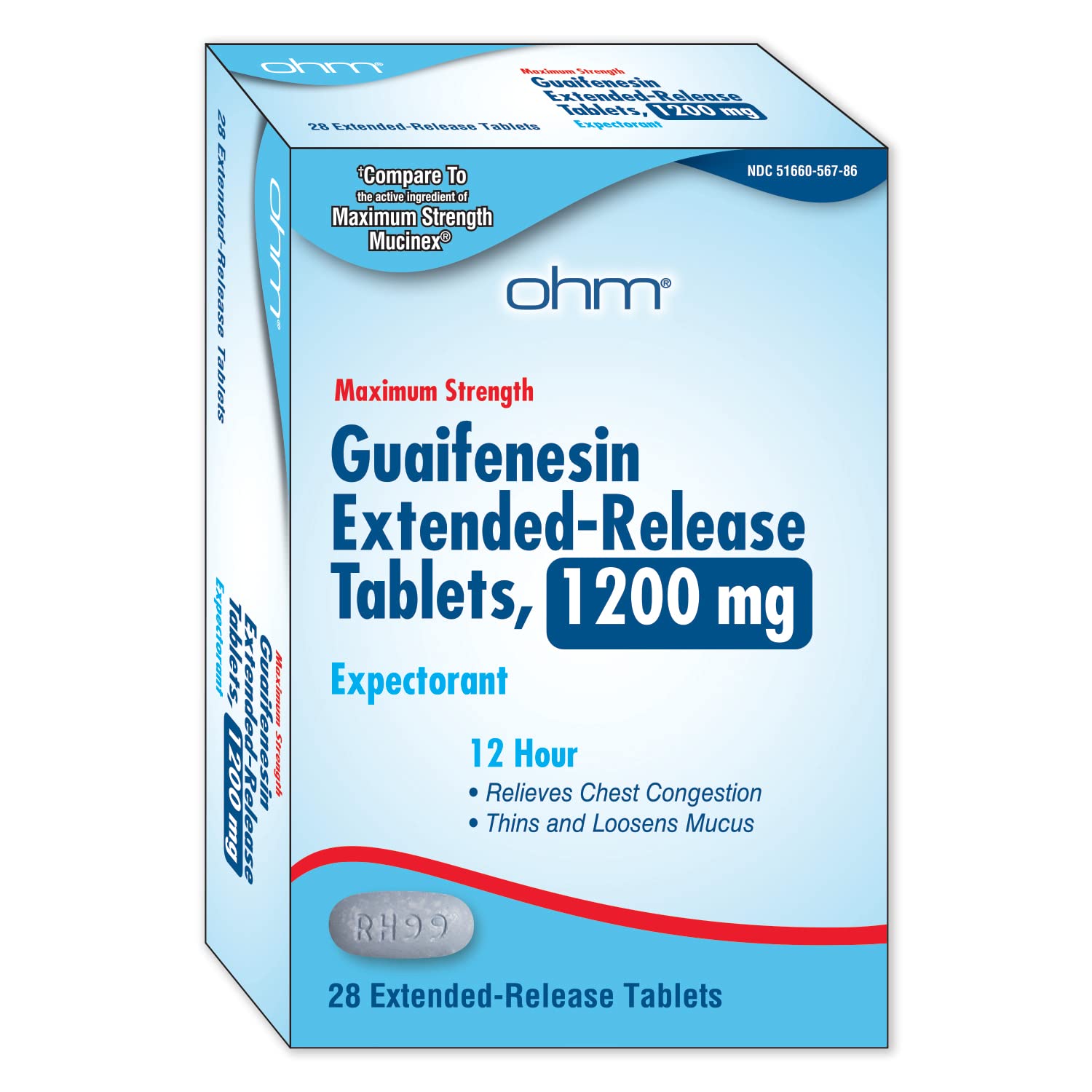 Ohm Guaifenesin 1200 mg – tablette à libération étendue offrant un soulagement durable.