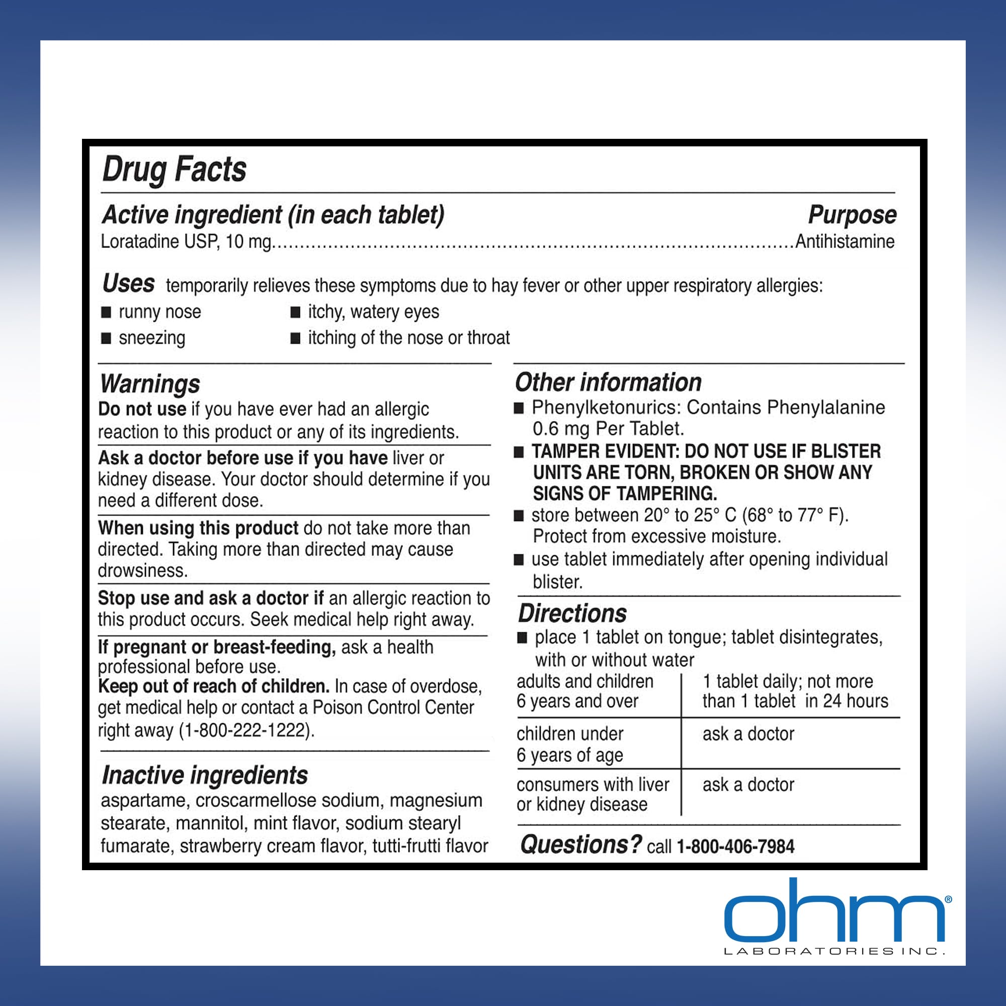 Ohm comprimés Loratadine – utilisation quotidienne lors des allergies.