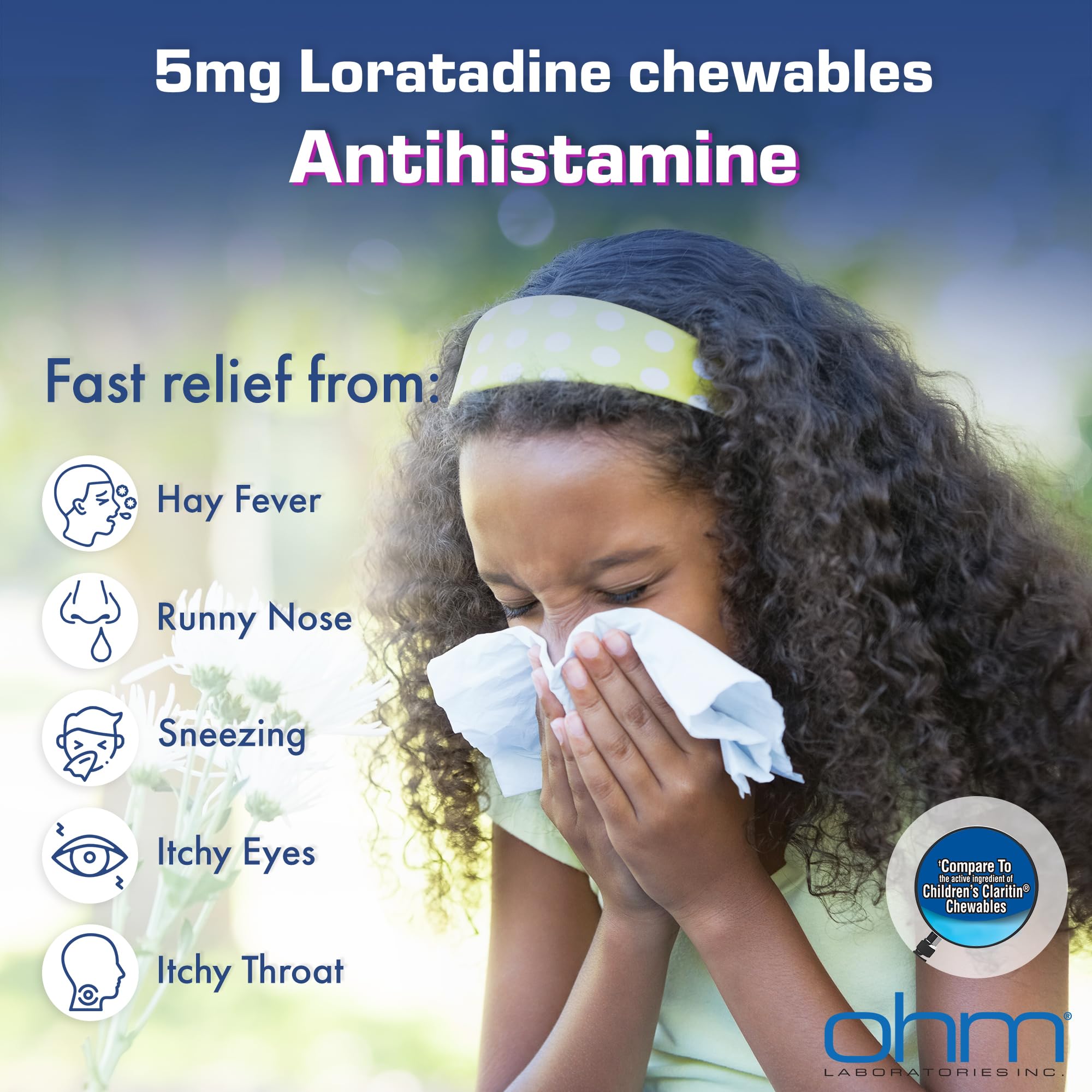 Boîte et flacon Ohm Loratadine pour enfants, solution pratique pour garder sous la main.