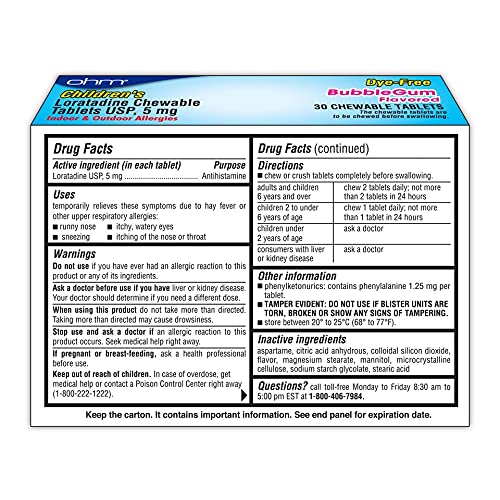 Ohm Loratadine pour enfants, comprimés à croquer, boîte de 30, facilité d'emploi.