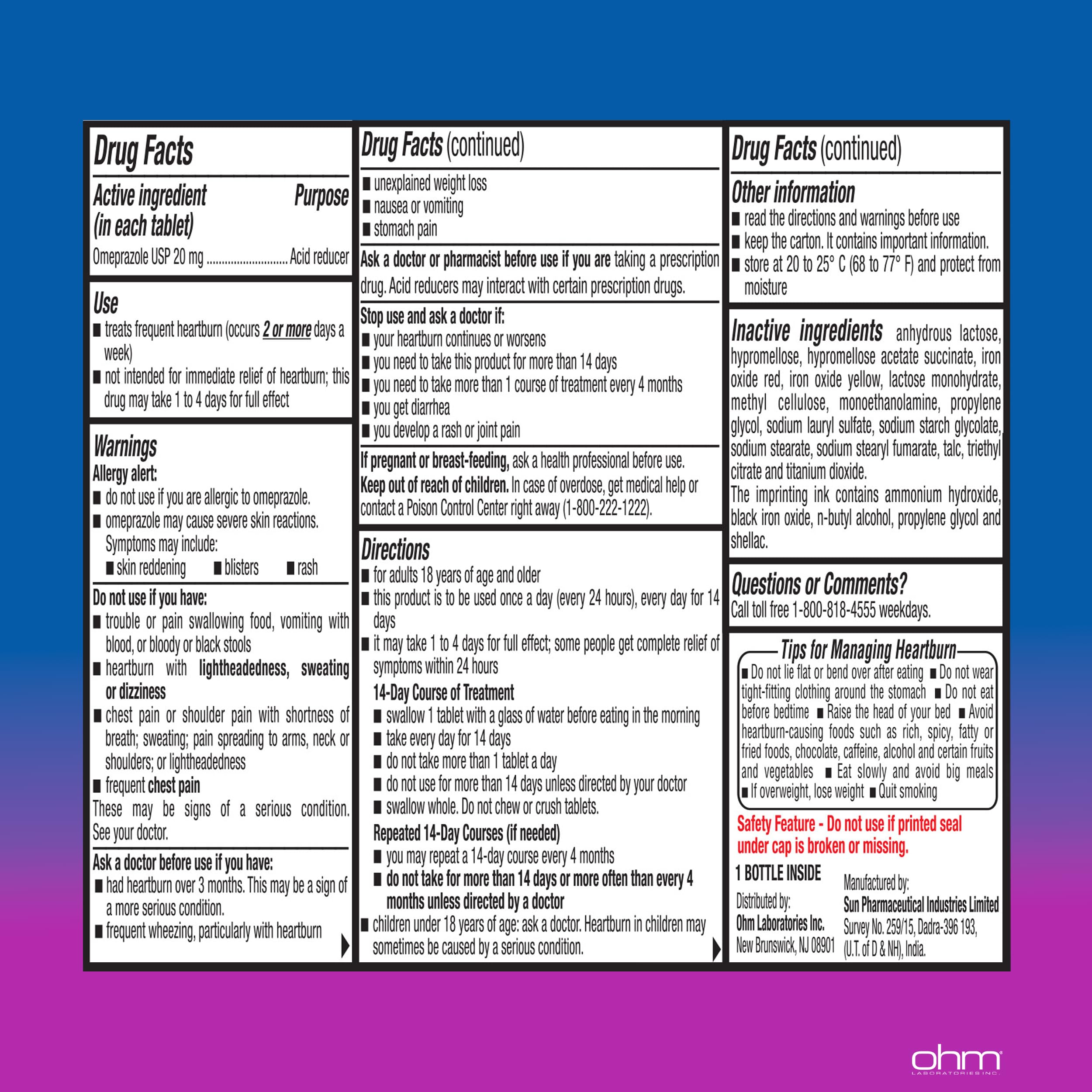 Soulagement potentiel sur 24 heures avec Ohm Omeprazole 20 mg.