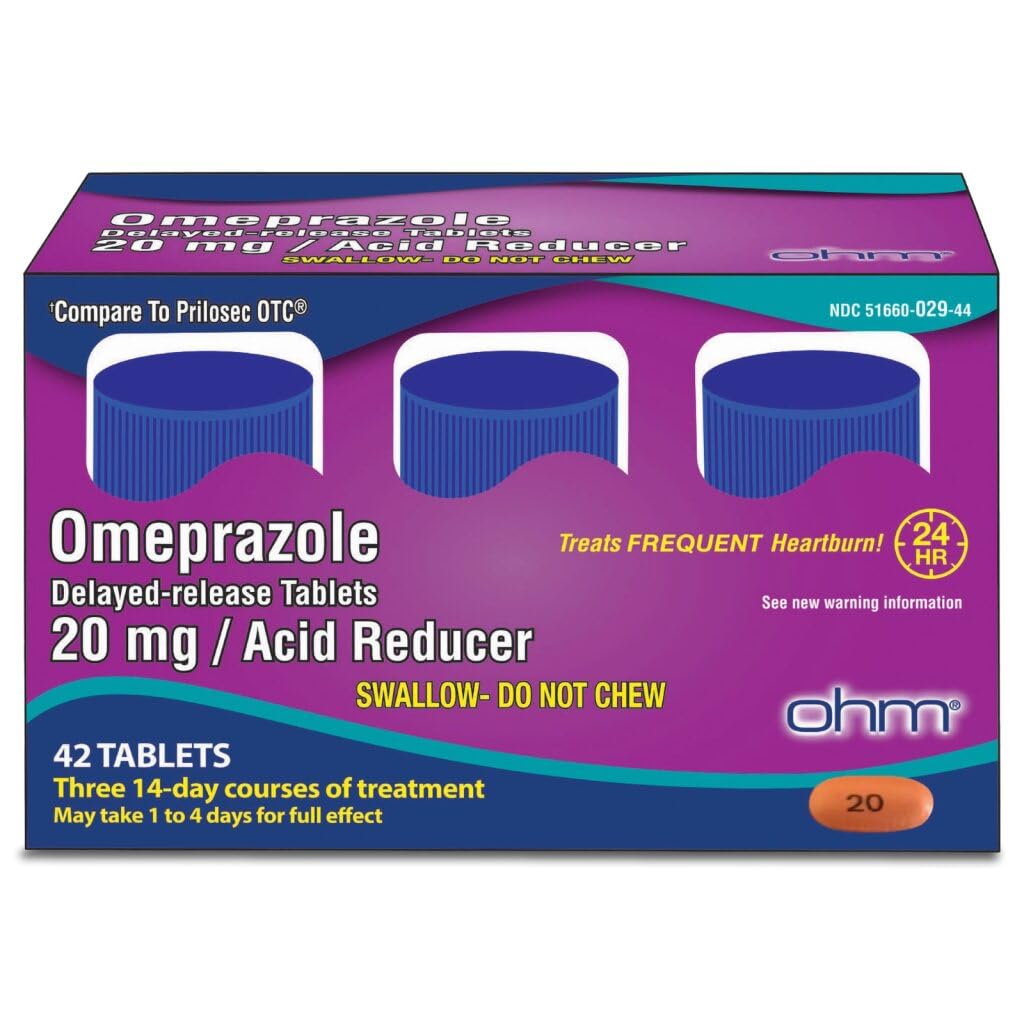 Ohm Omeprazole – tablettes 20 mg de 42 unités, soulagement durable du reflux.