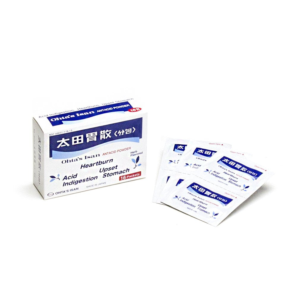 Poudre antacid Ohta's Isan en sachet unique, pratique pour brûlures d'estomac et indigestion.