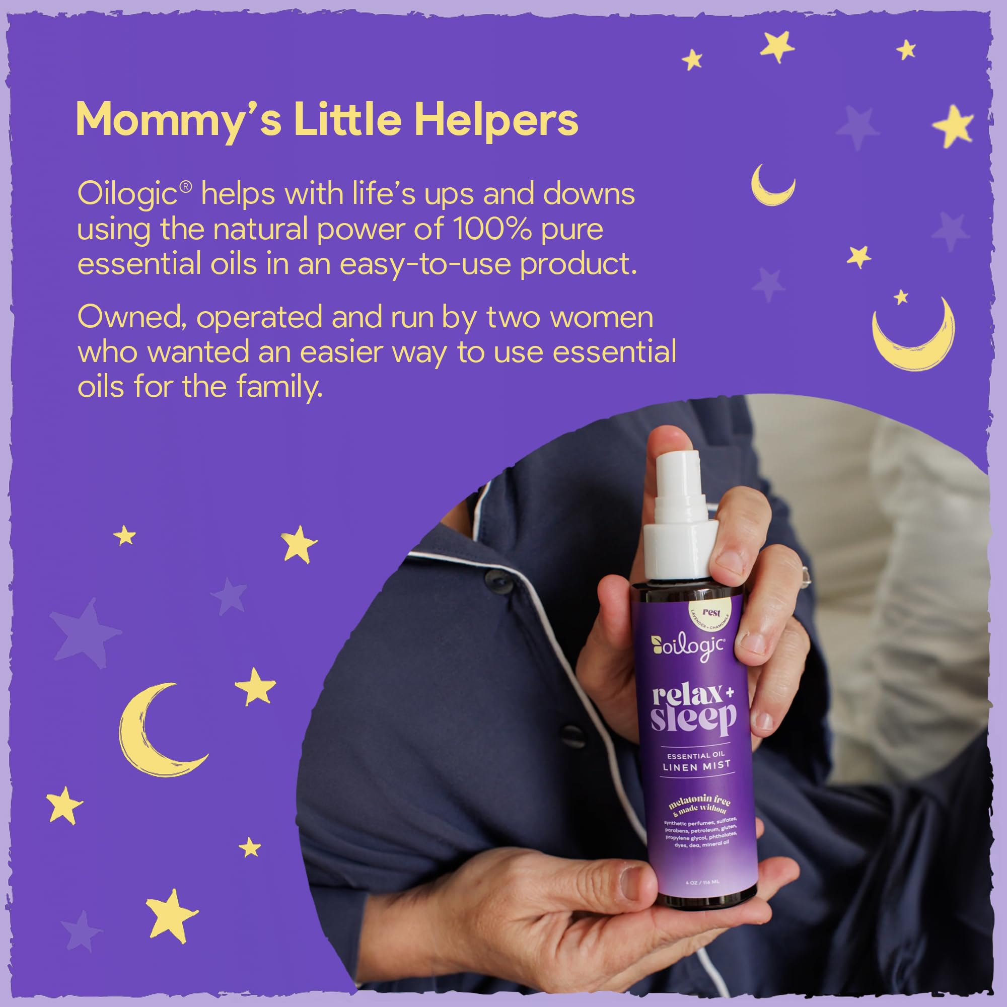 Oilogic Relax & Sleep, spray sûr pour draps et pyjamas, parfum délicat.