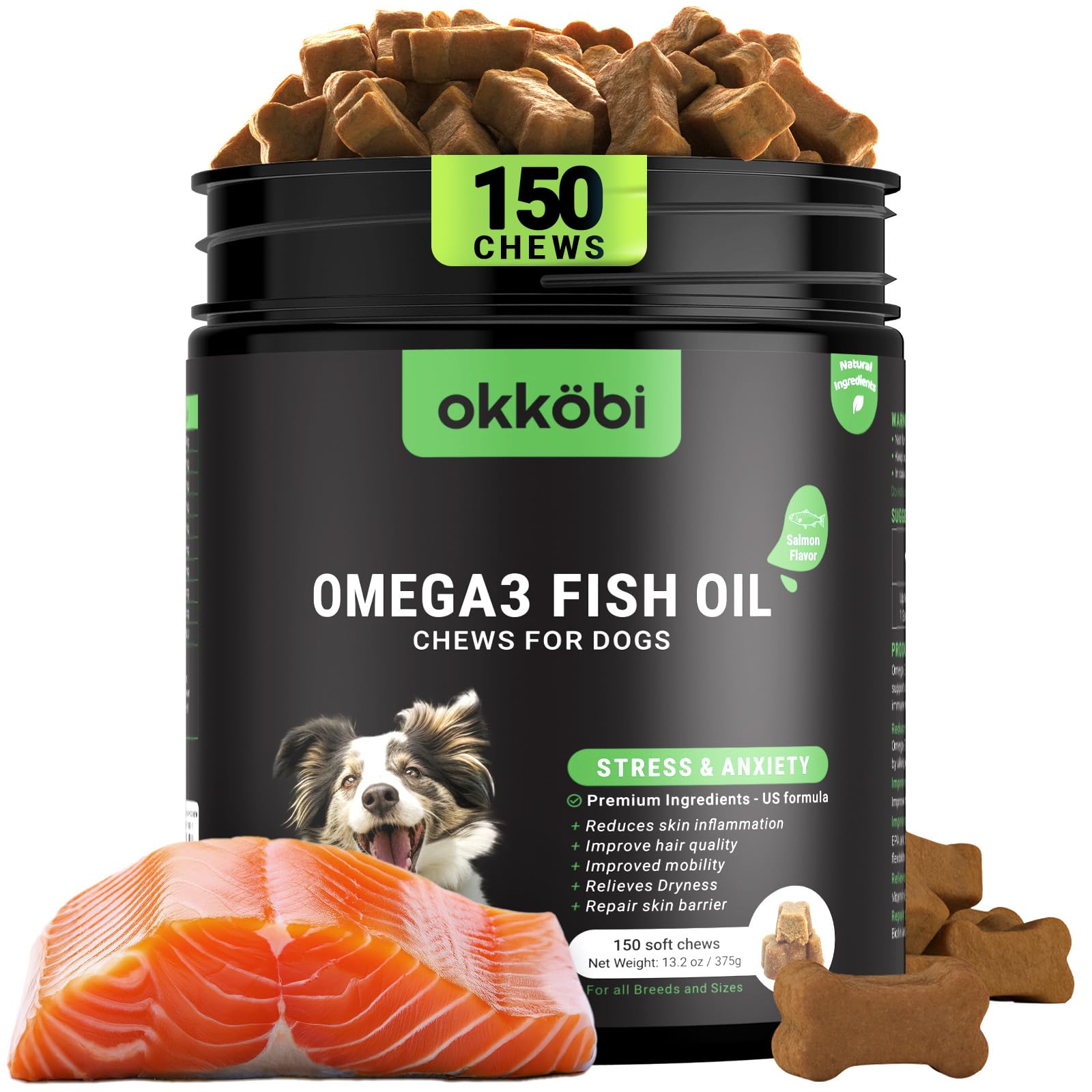 OKKÖBI Omega-3 pour chien — bouteille et bouchées, peau saine et pelage brillant.