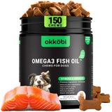OKKÖBI Omega-3 pour chien — bouteille et bouchées, peau saine et pelage brillant.