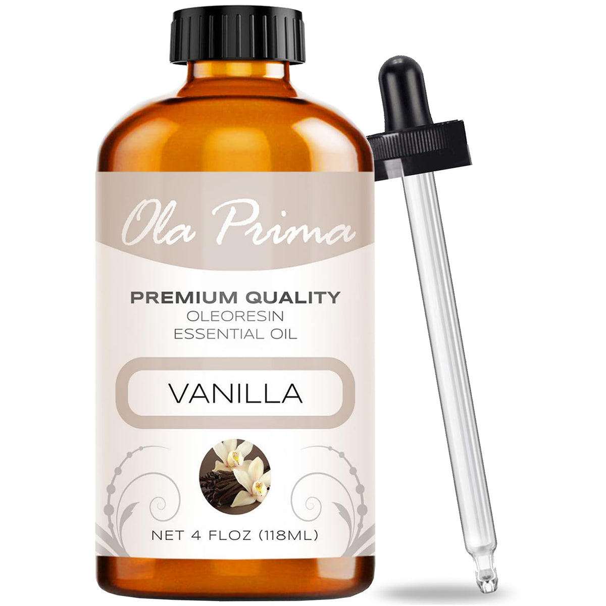 Huile essentielle vanille Ola Prima dans une bouteille, idéal pour diffusion et soins.