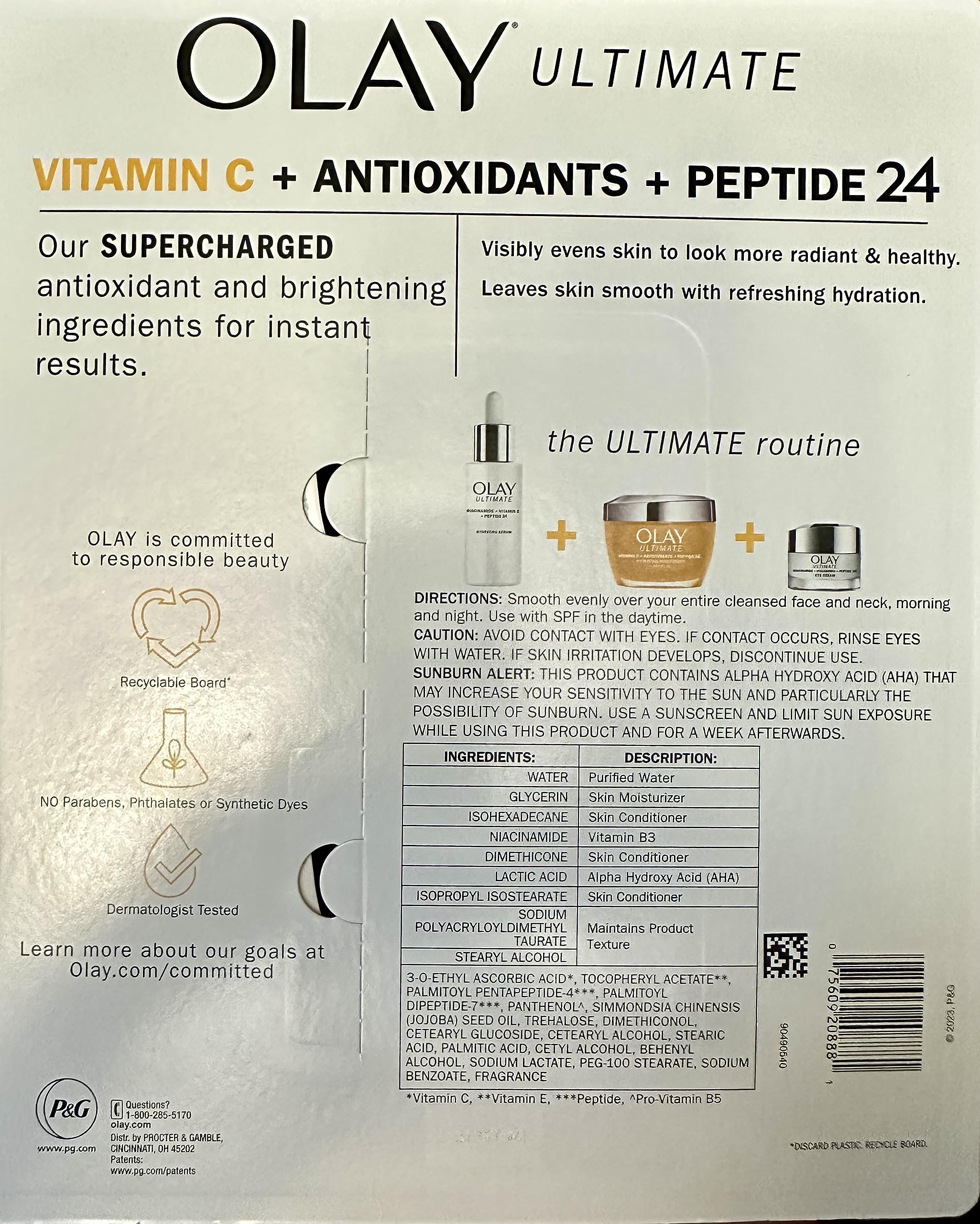 Flacon Olay Ultimate Vitamin C, application quotidienne pour éclat et fermeté de la peau