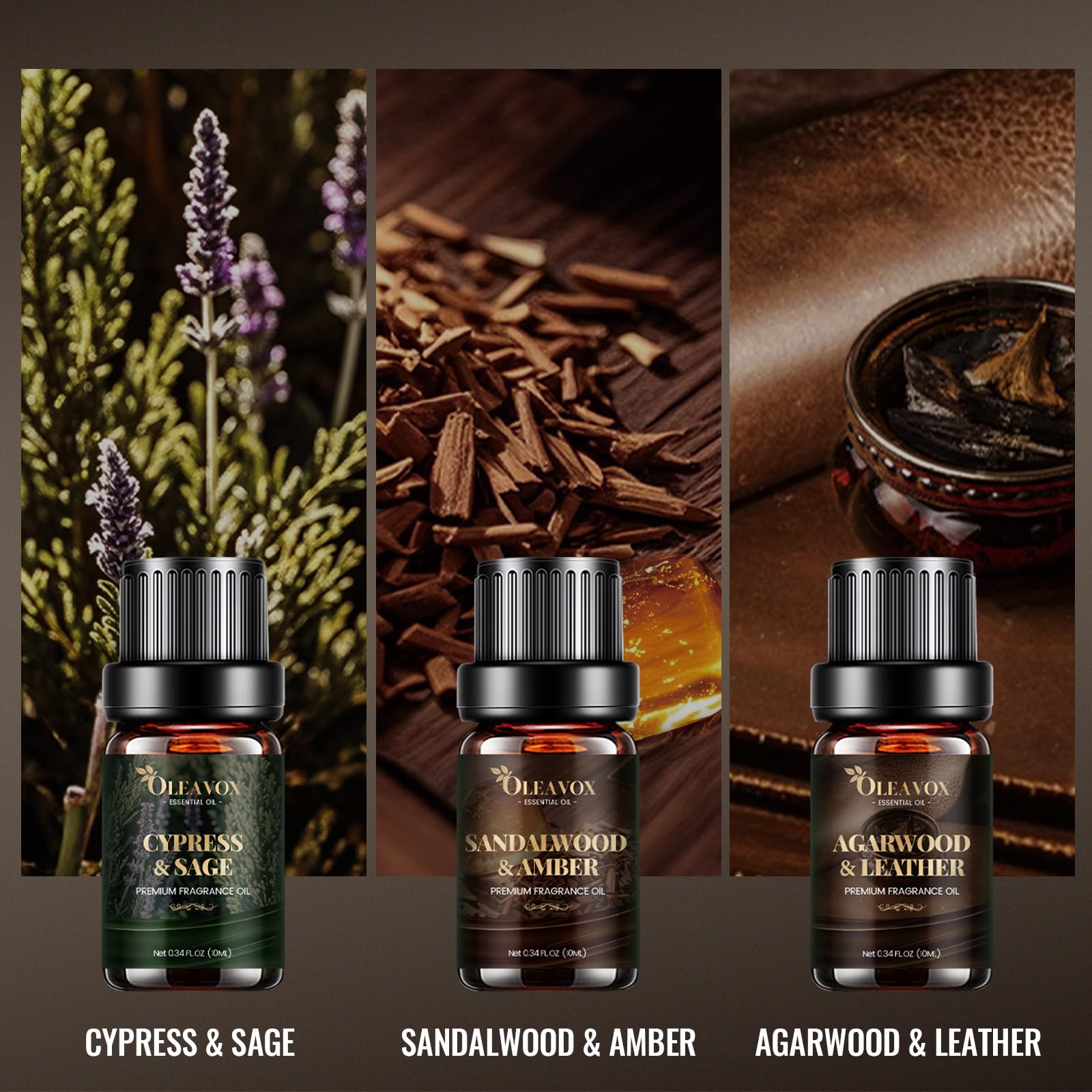 Parfums OleaVox Cyprès et sauge, fraîcheur verte idéale pour bureau.