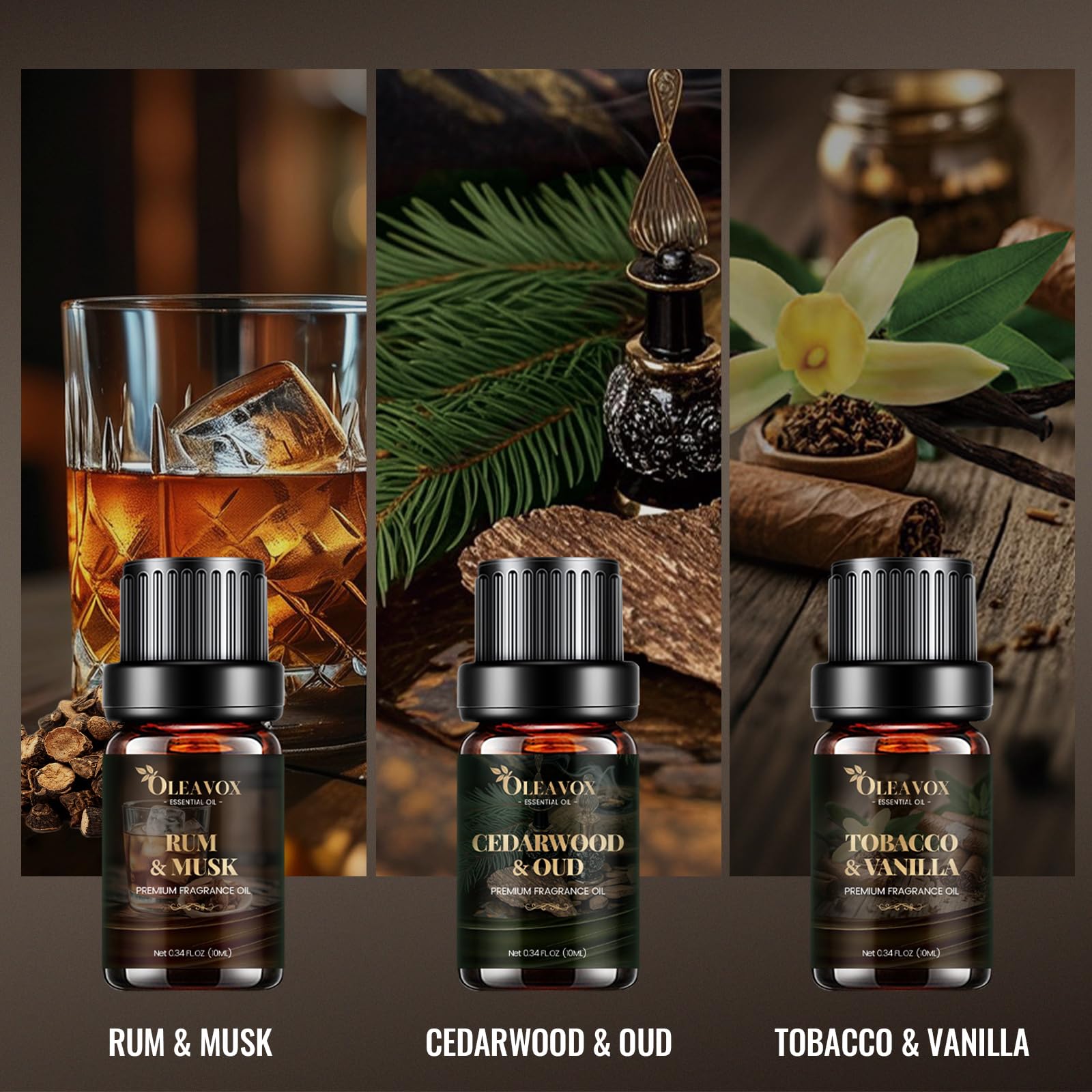 Parfums OleaVox Santal et ambre, notes boisées profondes pour détente.